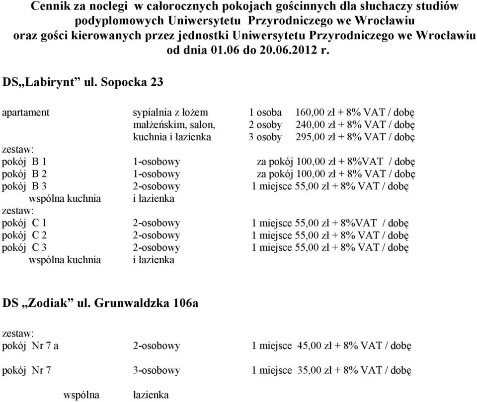 Sopocka 23 apartament pokój B 1 pokój B 2 pokój B 3 wspólna kuchnia pokój C 1 pokój C 2 pokój C 3 wspólna kuchnia sypialnia z łożem małżeńskim, salon, 1osobowy 1osobowy 2osobowy i łazienka 2osobowy