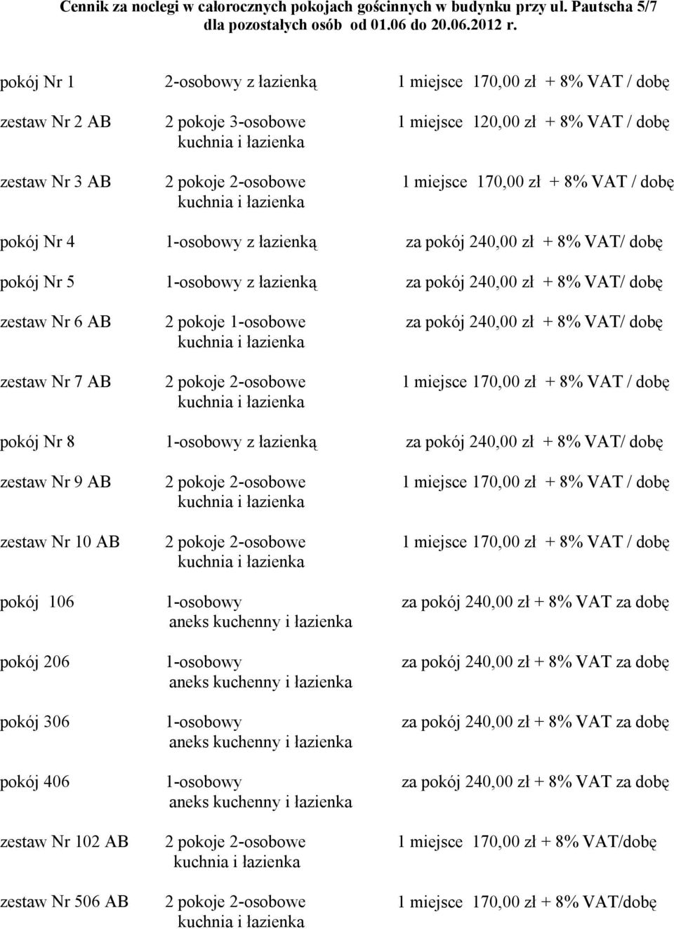 Nr 506 AB 2osobowy z łazienką 2 pokoje 3osobowe 2 pokoje 2osobowe 1osobowy z łazienką 1osobowy z łazienką 2 pokoje 1osobowe 2 pokoje 2osobowe 1osobowy z łazienką 2 pokoje 2osobowe 2 pokoje 2osobowe