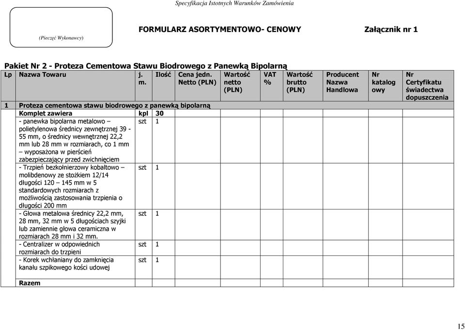 mm lub 28 mm w rozmiarach, co 1 mm wyposaŝona w pierścień zabezpieczający przed zwichnięciem - Trzpień bezkołnierzowy kobaltowo szt 1 molibdenowy ze stoŝkiem 12/14 długości 120 145 mm w 5