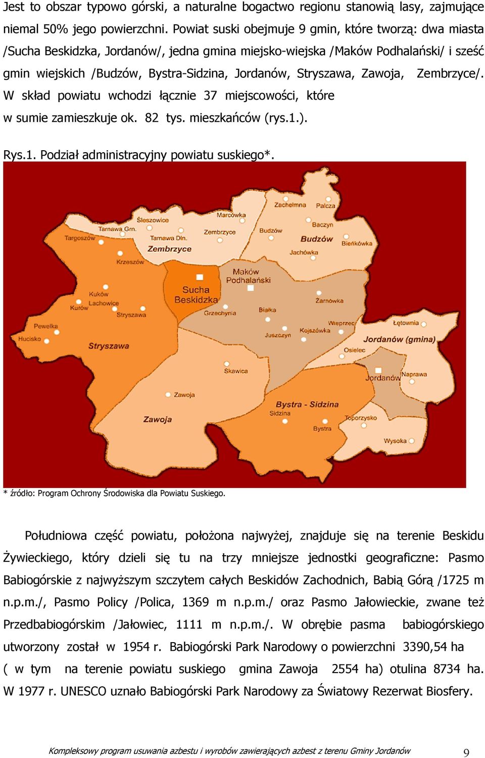 Stryszawa, Zawoja, Zembrzyce/. W skład powiatu wchodzi łącznie 37 miejscowości, które w sumie zamieszkuje ok. 82 tys. mieszkańców (rys.1.). Rys.1. Podział administracyjny powiatu suskiego*.