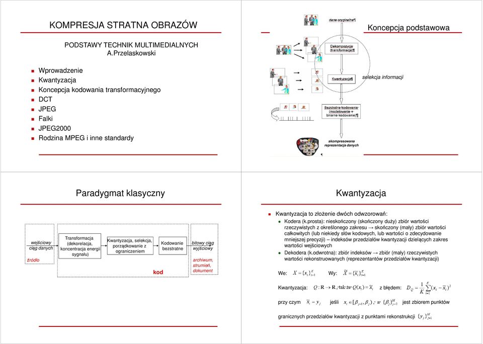 klasyczny Kwantyzacja Kwantyzacja to złożenie dwóch odwzorowań: wejściowy ciąg danych źródło Transformacja (dekorelacja, koncentracja energii sygnału) Kwantyzacja, selekcja, porządkowanie z