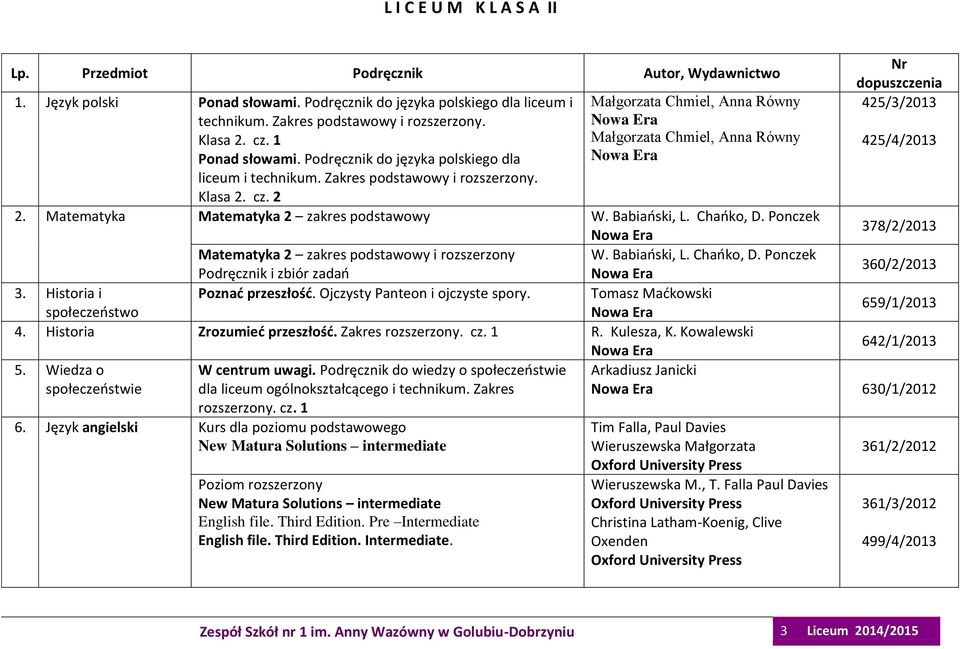 Matematyka Matematyka 2 zakres podstaoy W. Babiański, L. Chańko, D. Ponczek Matematyka 2 zakres podstaoy i rozszerzony W. Babiański, L. Chańko, D. Ponczek Podręcznik i zbiór zadań 3.