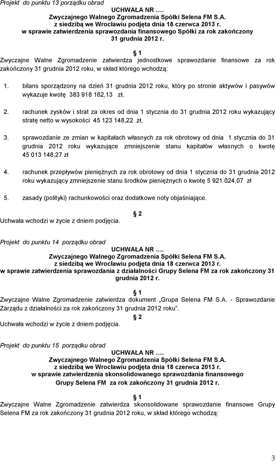 bilans sporządzony na dzień 31 grudnia 2012 roku, który po stronie aktywów i pasywów wykazuje kwotę 383 918 162,13 zł, 2.