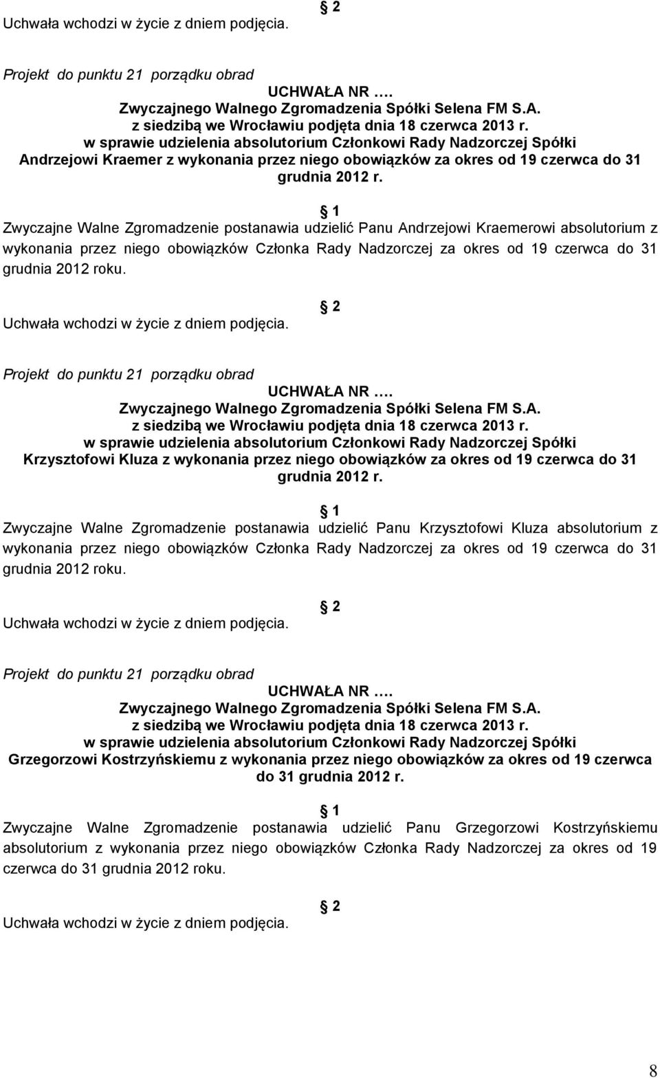 Krzysztofowi Kluza z wykonania przez niego obowiązków za okres od 19 czerwca do 31 grudnia 2012 r.