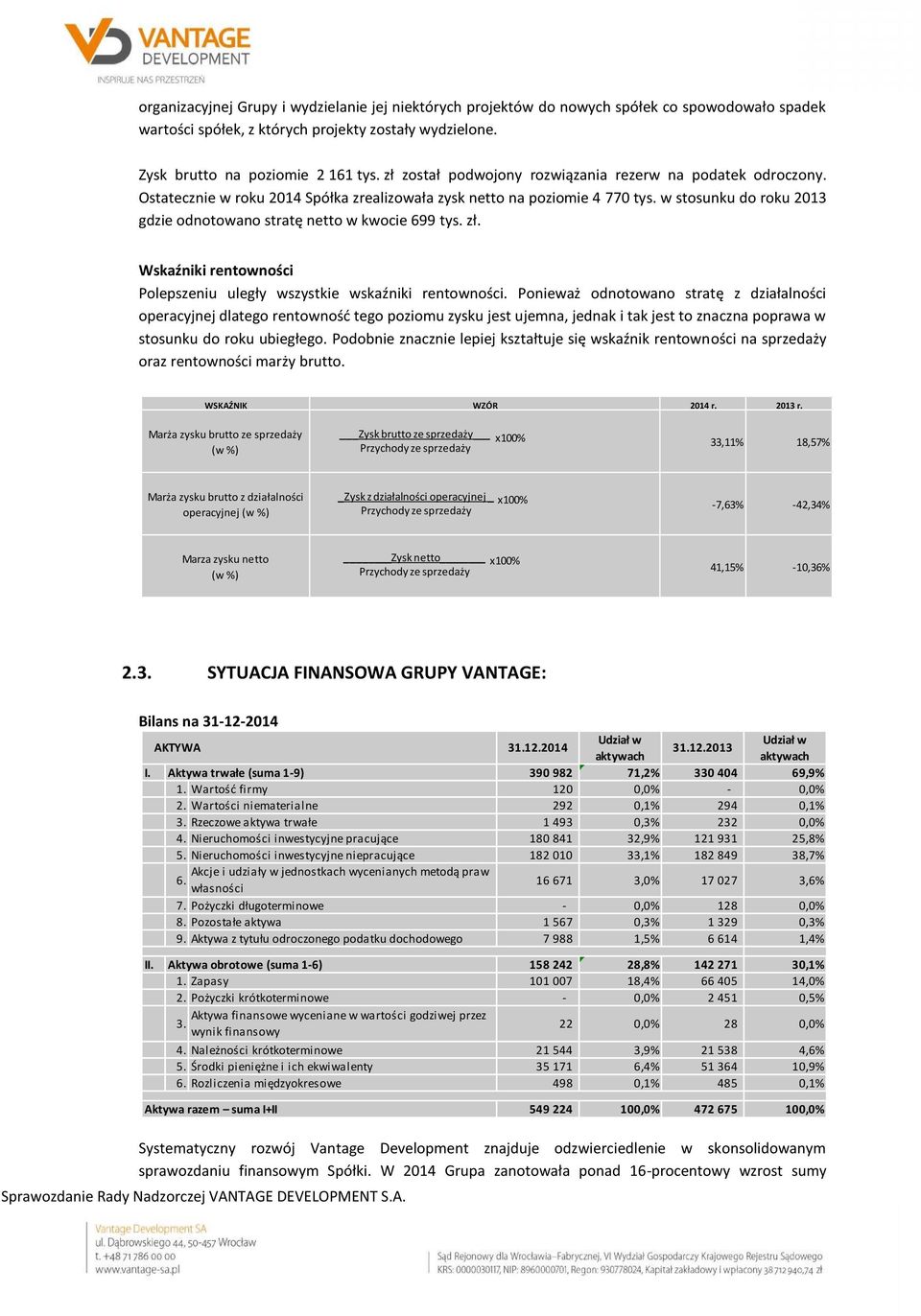 w stosunku do roku 2013 gdzie odnotowano stratę netto w kwocie 699 tys. zł. Wskaźniki rentowności Polepszeniu uległy wszystkie wskaźniki rentowności.