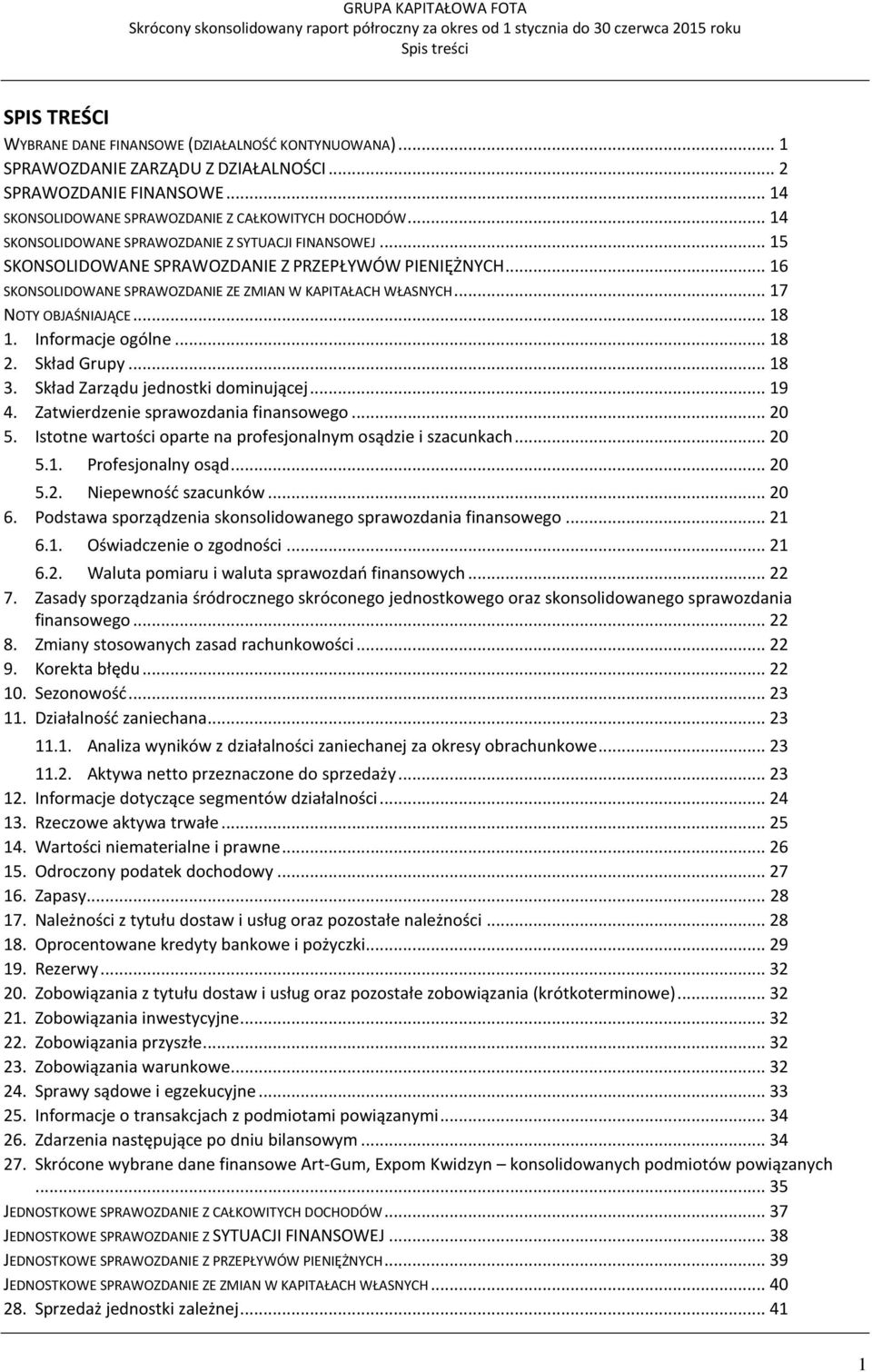 .. 17 NOTY OBJAŚNIAJĄCE... 18 1. Informacje ogólne... 18 2. Skład Grupy... 18 3. Skład Zarządu jednostki dominującej... 19 4. Zatwierdzenie sprawozdania finansowego... 20 5.