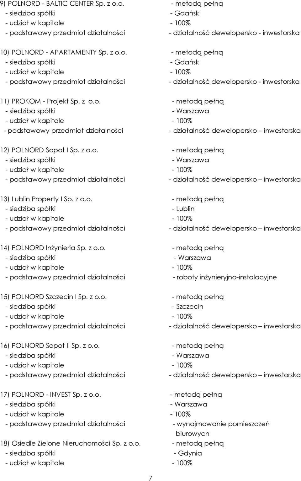 z o.o. - metodą pełną - siedziba spółki - Warszawa - udział w kapitale - 100% - podstawowy przedmiot działalności - działalność dewelopersko inwestorska 12) POLNORD Sopot I Sp. z o.o. - metodą pełną - siedziba spółki - Warszawa - udział w kapitale - 100% - podstawowy przedmiot działalności - działalność dewelopersko inwestorska 13) Lublin Property I Sp.