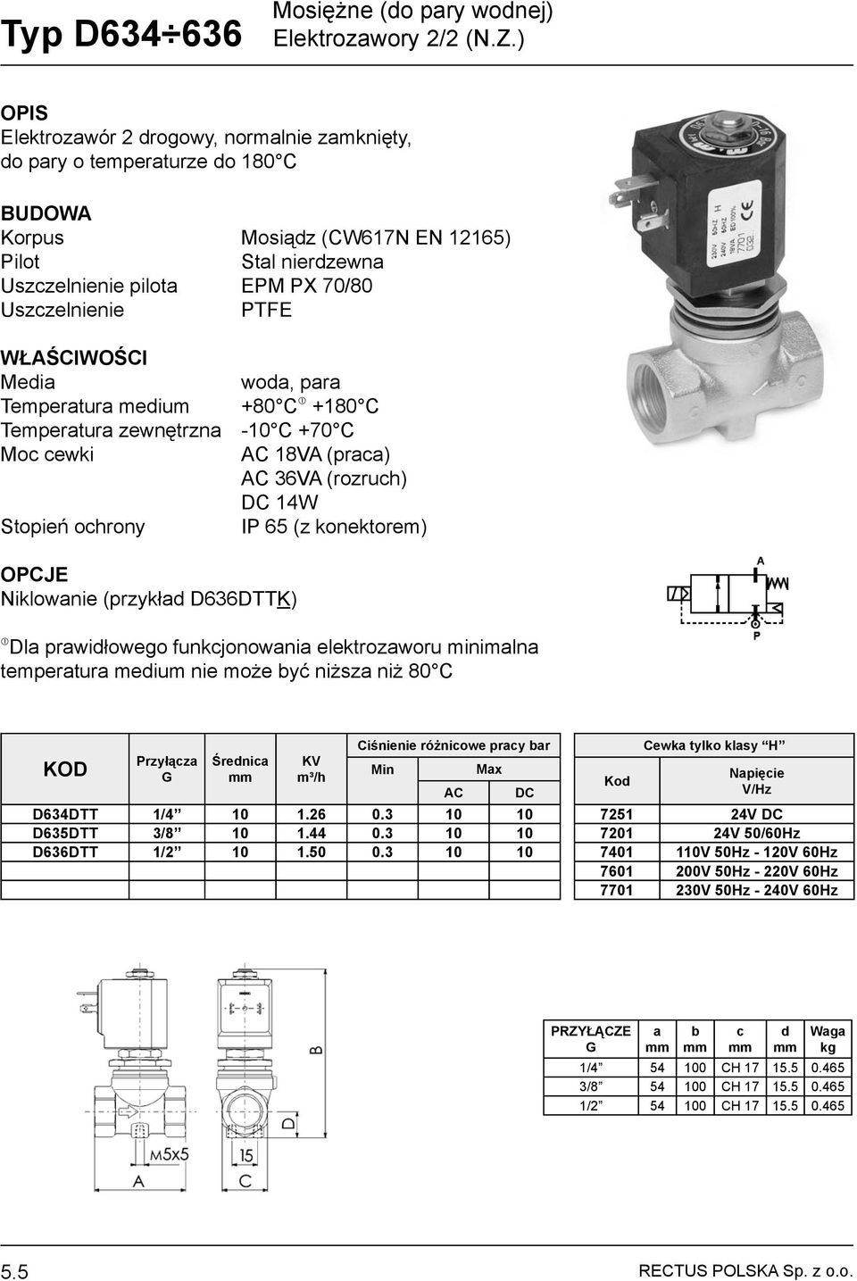 36VA (rozruh) 14W OPCJE Niklownie (przykłd D636DTTK) Dl prwidłowego funkjonowni elektrozworu minimln tempertur medium nie może yć niższ niż 80 C Ciśnienie różniowe pry r Mx