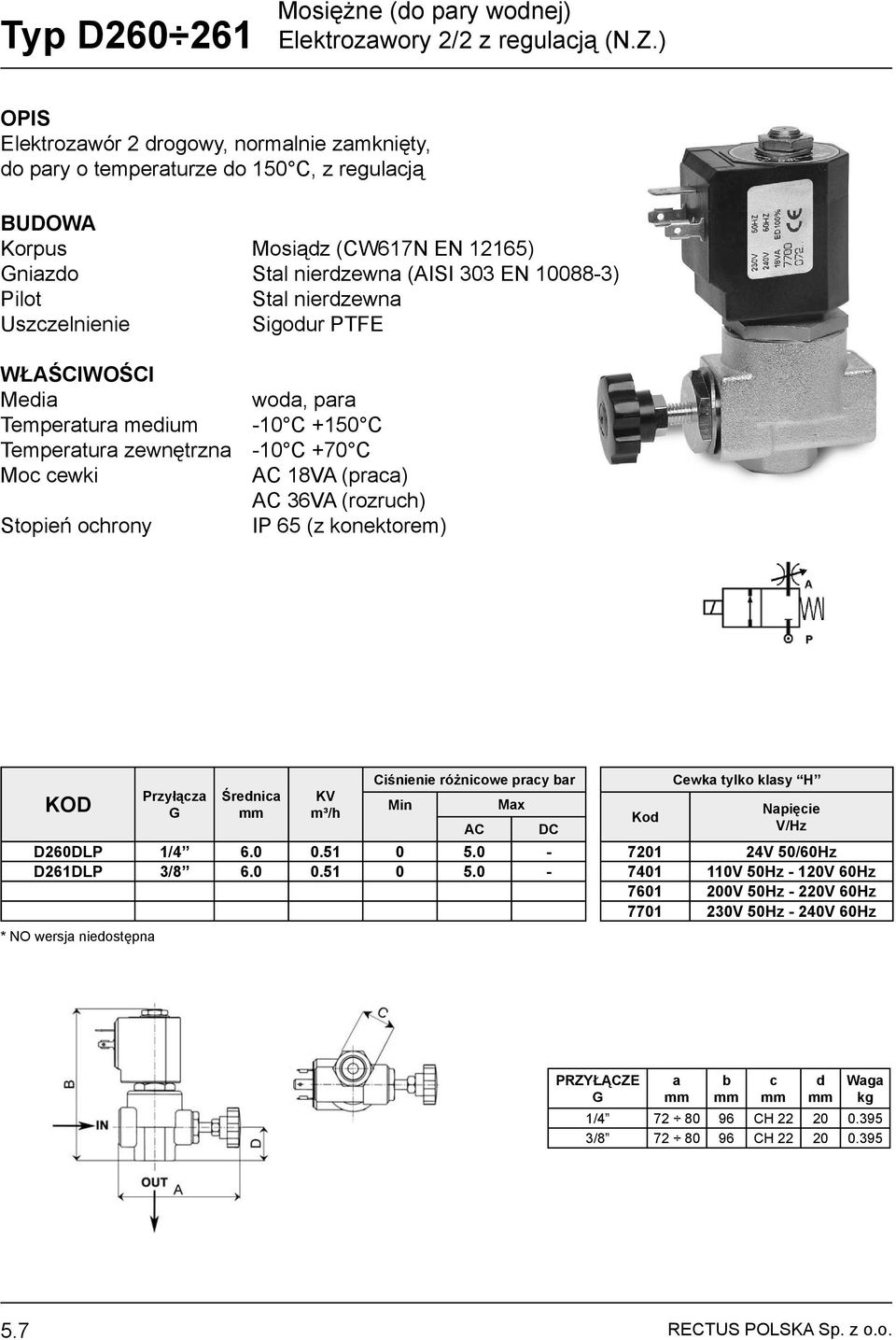 PTFE wod, pr Tempertur medium -10 C +150 C 18VA (pr) 36VA (rozruh) Ciśnienie różniowe pry r Mx Cewk tylko klsy H Npięie D260DLP 1/4 6.