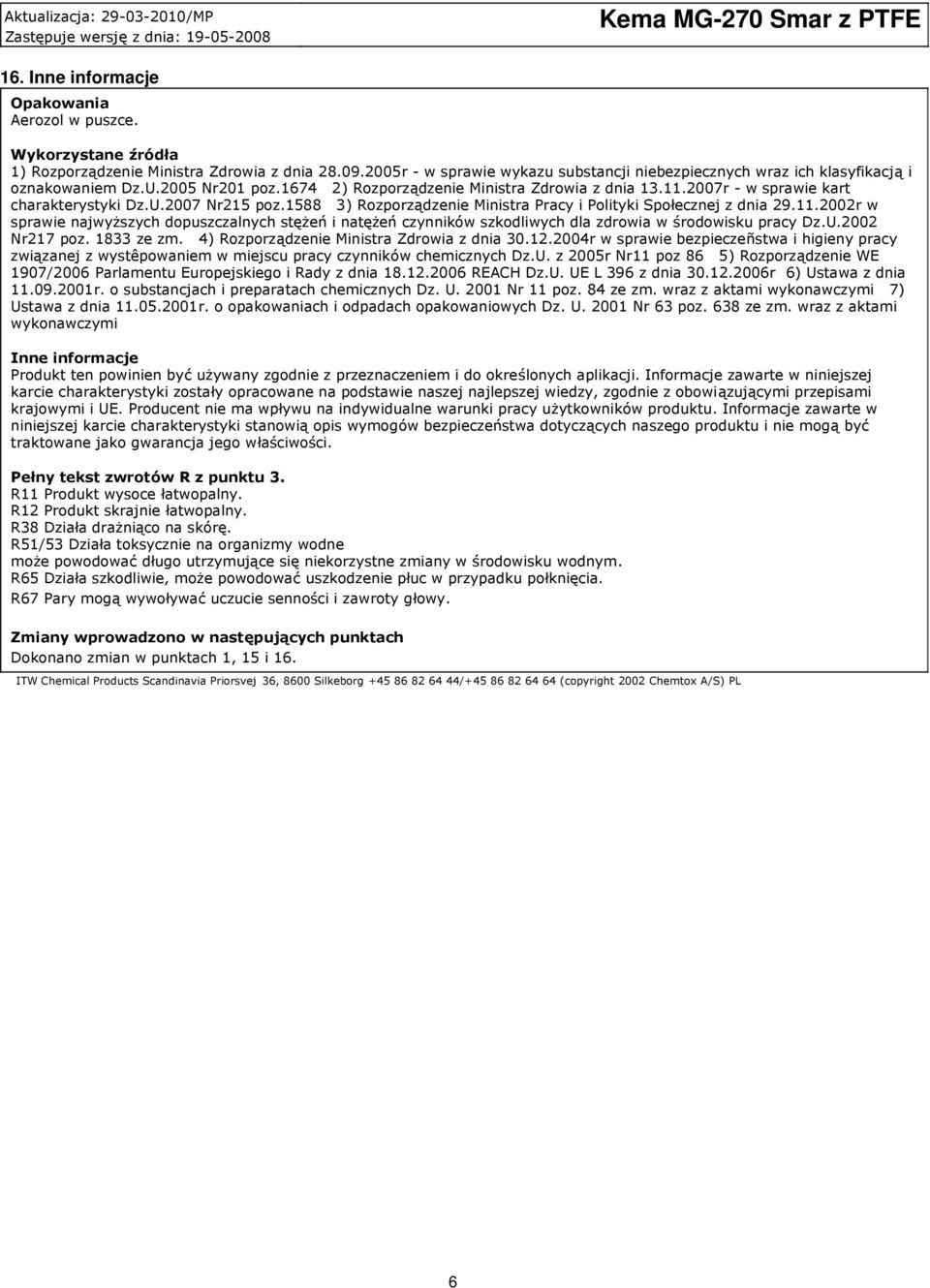 2007r - w sprawie kart charakterystyki Dz.U.2007 Nr215 poz.1588 3) Rozporządzenie Ministra Pracy i Polityki Społecznej z dnia 29.11.