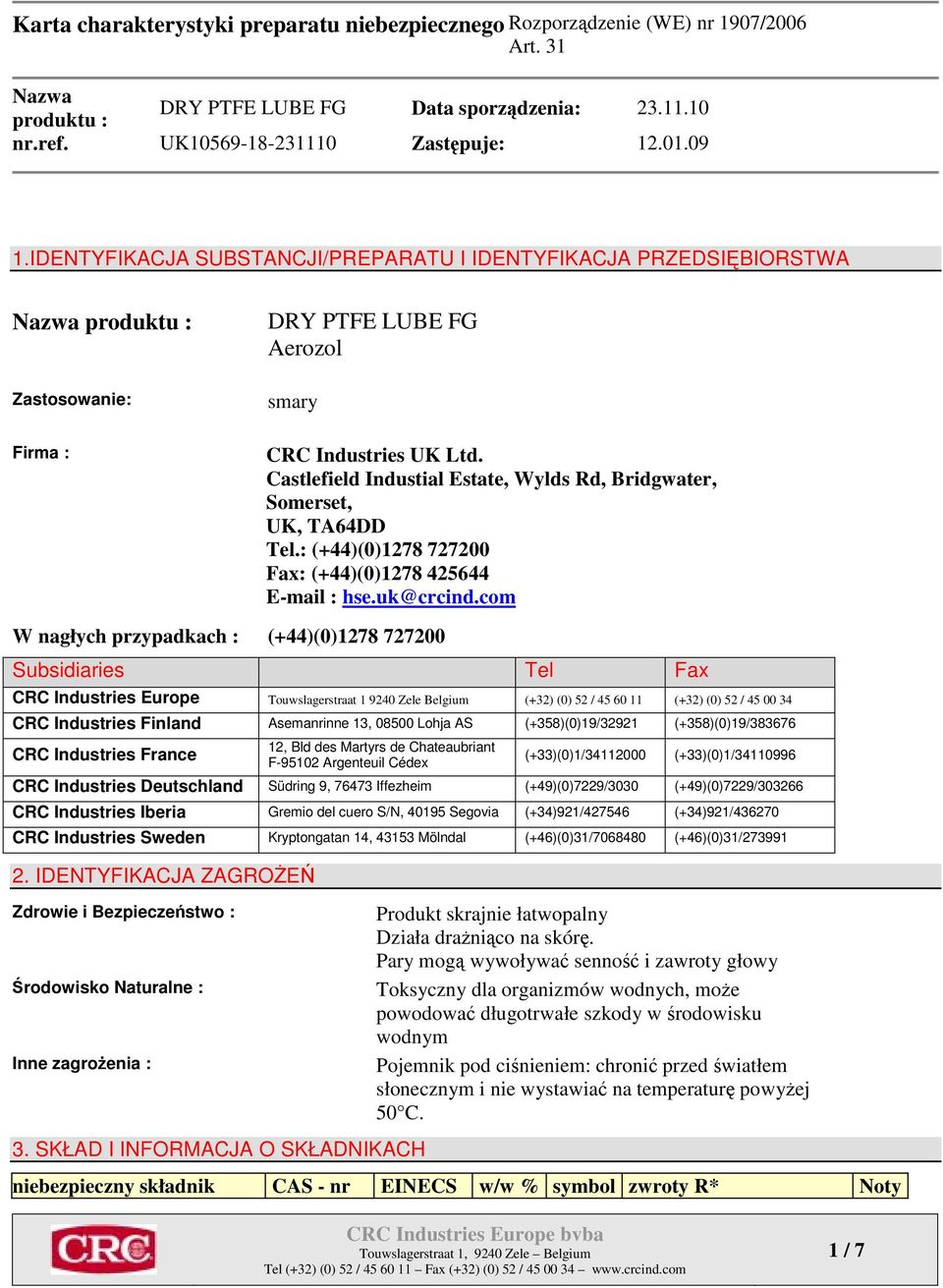 com W nagłych przypadkach : (+44)(0)1278 727200 Subsidiaries Tel Fax CRC Industries Europe Touwslagerstraat 1 9240 Zele Belgium (+32) (0) 52 / 45 60 11 (+32) (0) 52 / 45 00 34 CRC Industries Finland