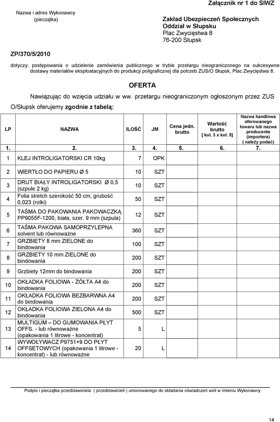 OFERTA Nawiązując do wzięcia udziału w ww. przetargu nieograniczonym ogłoszonym przez ZUS O/Słupsk oferujemy zgodnie z tabelą: LP NAZWA ILOŚĆ JM Cena jedn. brutto Wartość brutto [ kol. 3 x kol.