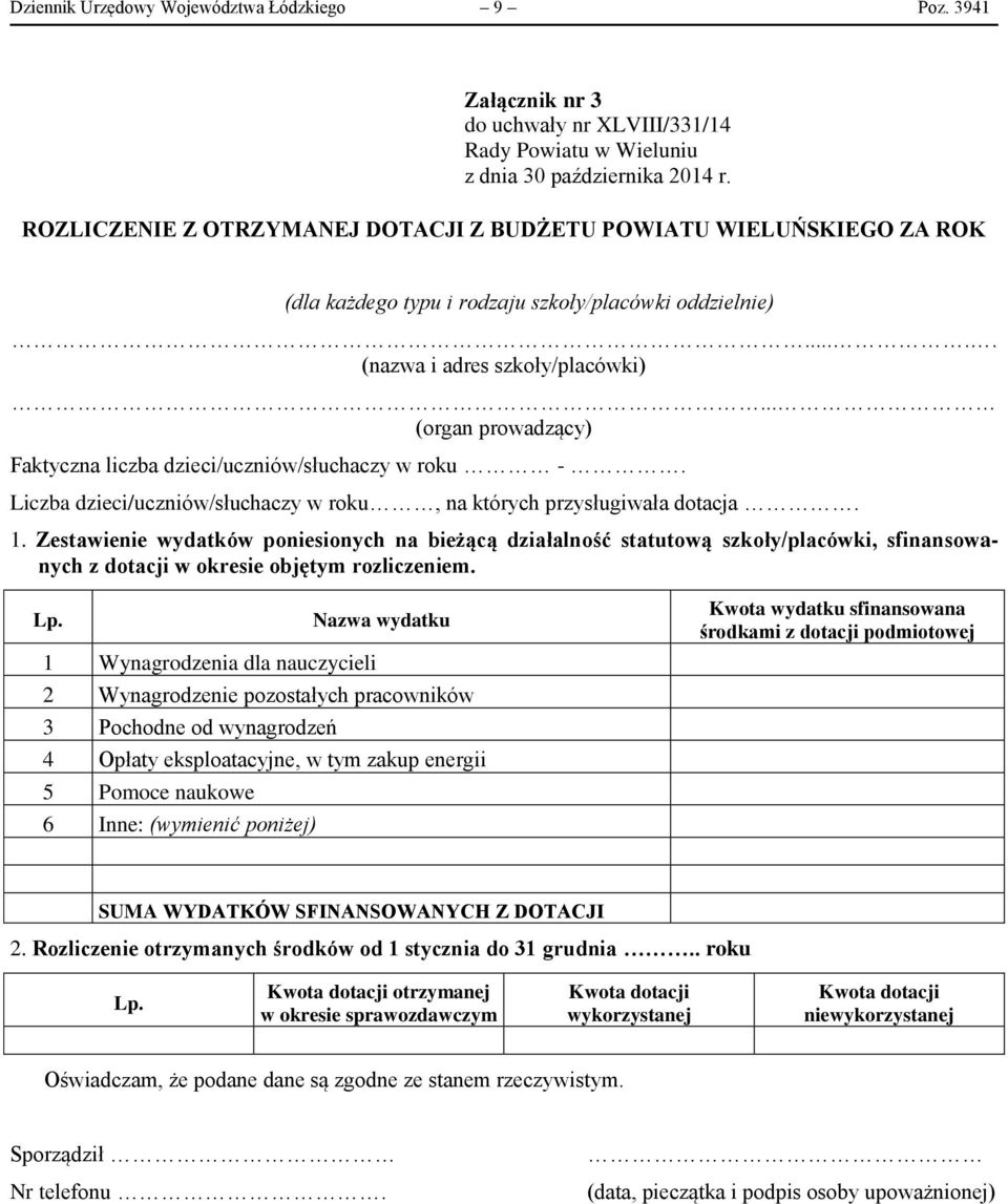 .. (organ prowadzący) Faktyczna liczba dzieci/uczniów/słuchaczy w roku -. Liczba dzieci/uczniów/słuchaczy w roku, na których przysługiwała dotacja. 1.