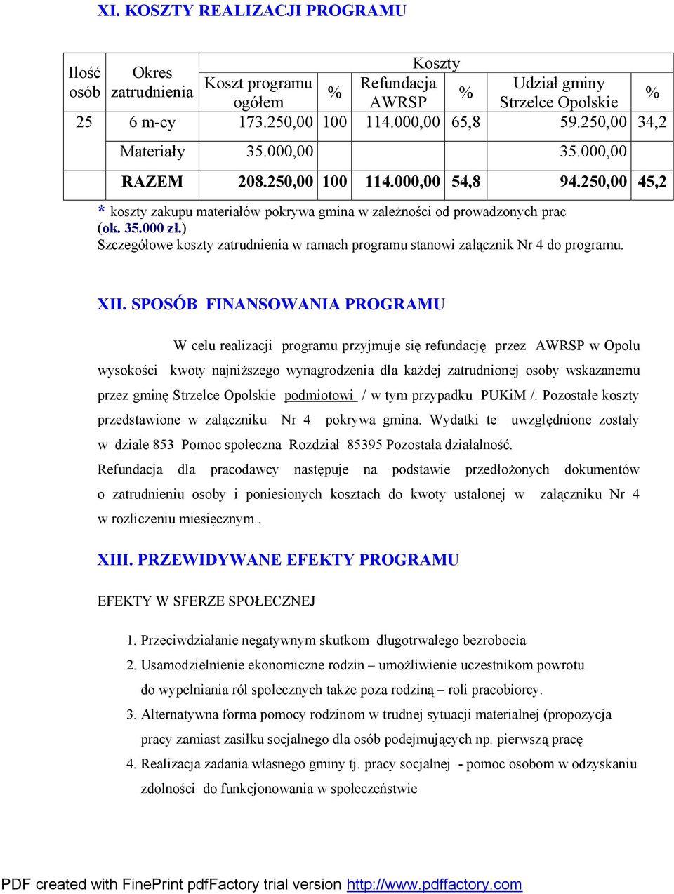 ) Szczegółowe koszty zatrudnienia w ramach programu stanowi załącznik Nr 4 do programu. XII.