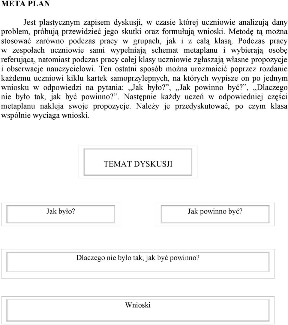 Podczas pracy w zespołach uczniowie sami wypełniają schemat metaplanu i wybierają osobę referującą, natomiast podczas pracy całej klasy uczniowie zgłaszają własne propozycje i obserwacje