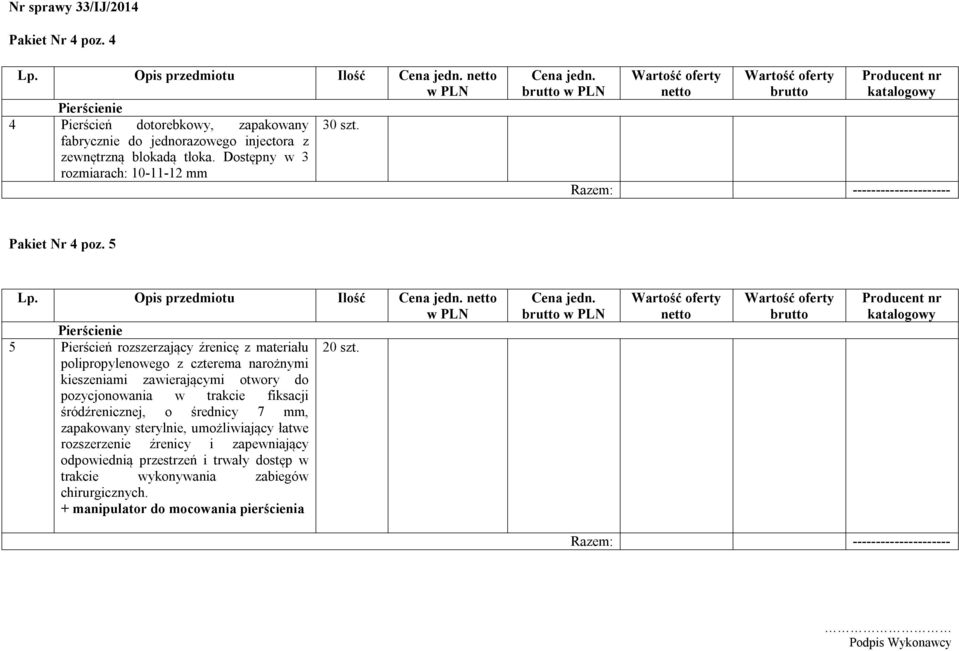 Opis przedmiotu Ilość Pierścienie 5 Pierścień rozszerzający źrenicę z materiału 20 szt.