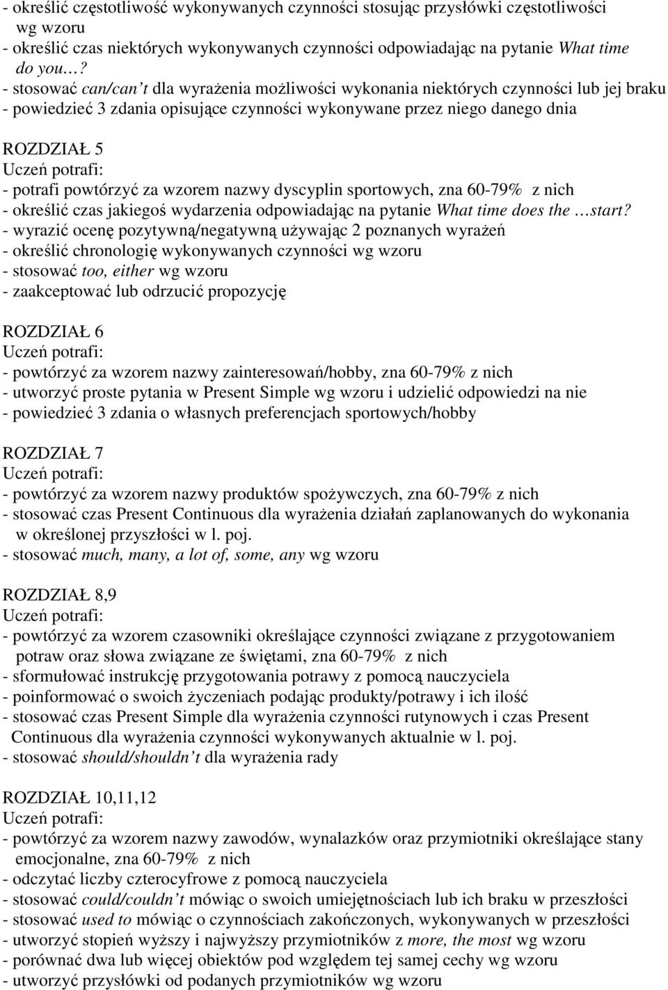 za wzorem nazwy dyscyplin sportowych, zna 60-79% z nich - określić czas jakiegoś wydarzenia odpowiadając na pytanie What time does the start?