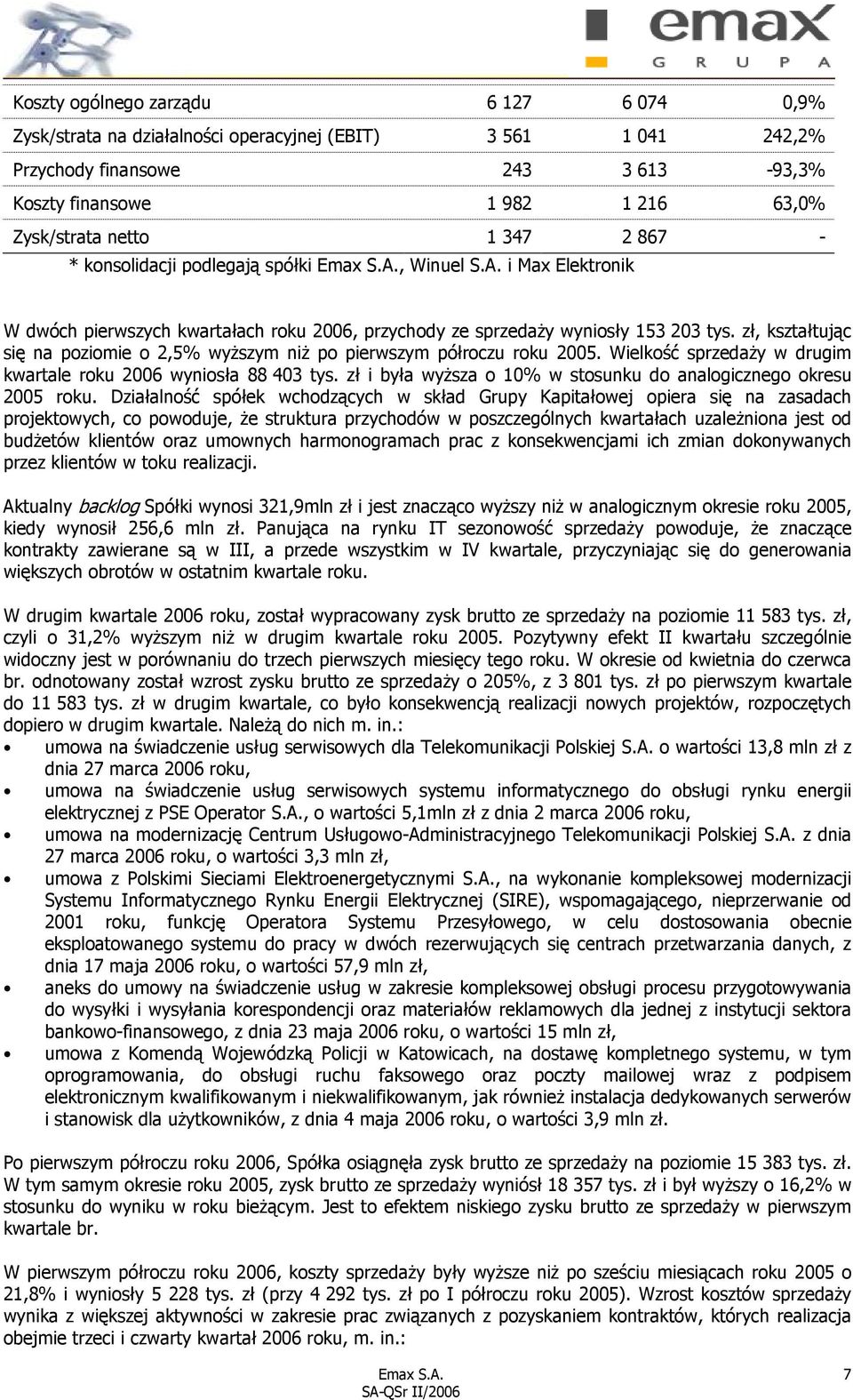 zł, kształtując się na poziomie o 2,5% wyŝszym niŝ po pierwszym półroczu roku 2005. Wielkość sprzedaŝy w drugim kwartale roku 2006 wyniosła 88 403 tys.