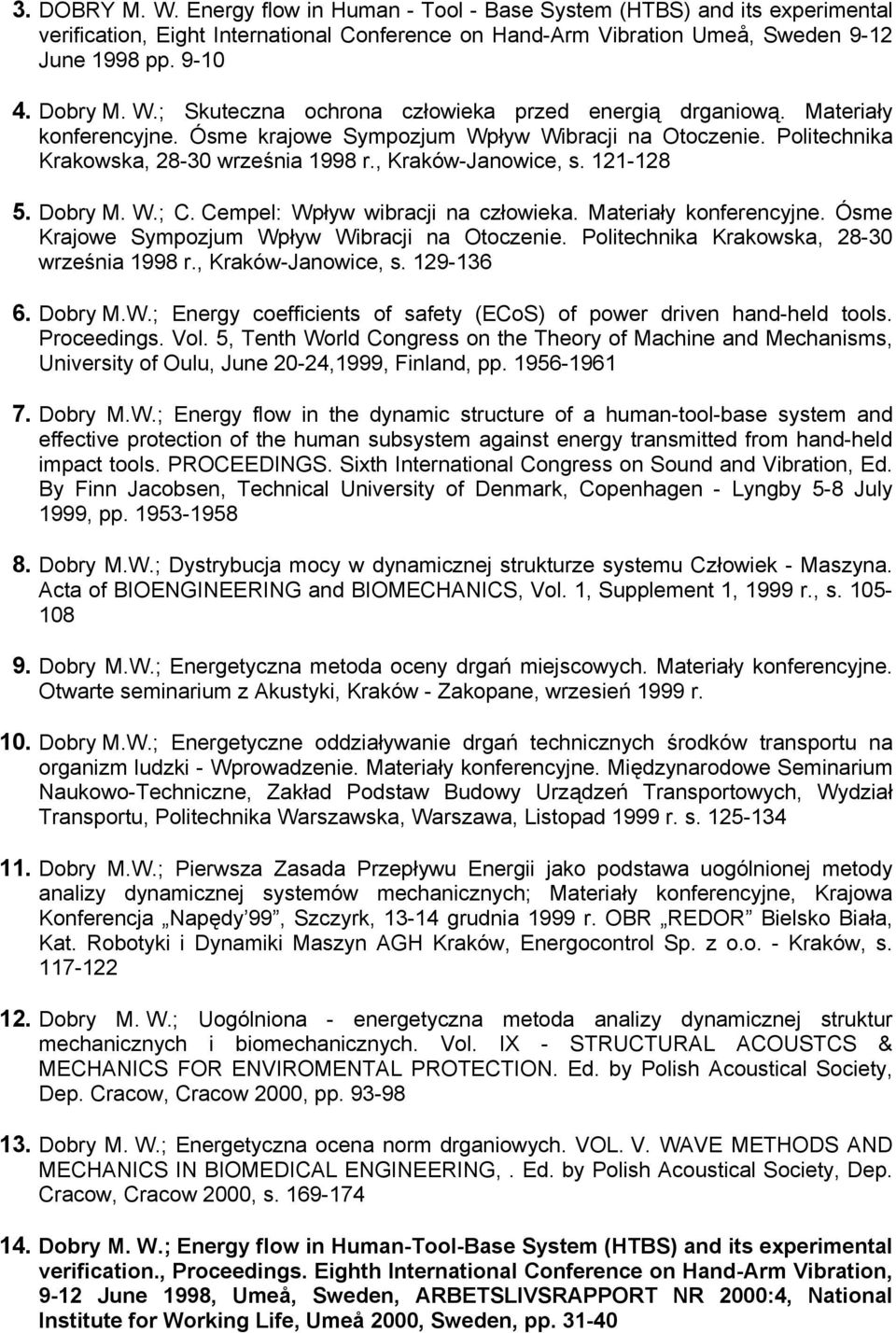 , Kraków-Janowice, s. 121-128 5. Dobry M. W.; C. Cempel: Wpływ wibracji na człowieka. Materiały konferencyjne. Ósme Krajowe Sympozjum Wpływ Wibracji na Otoczenie.