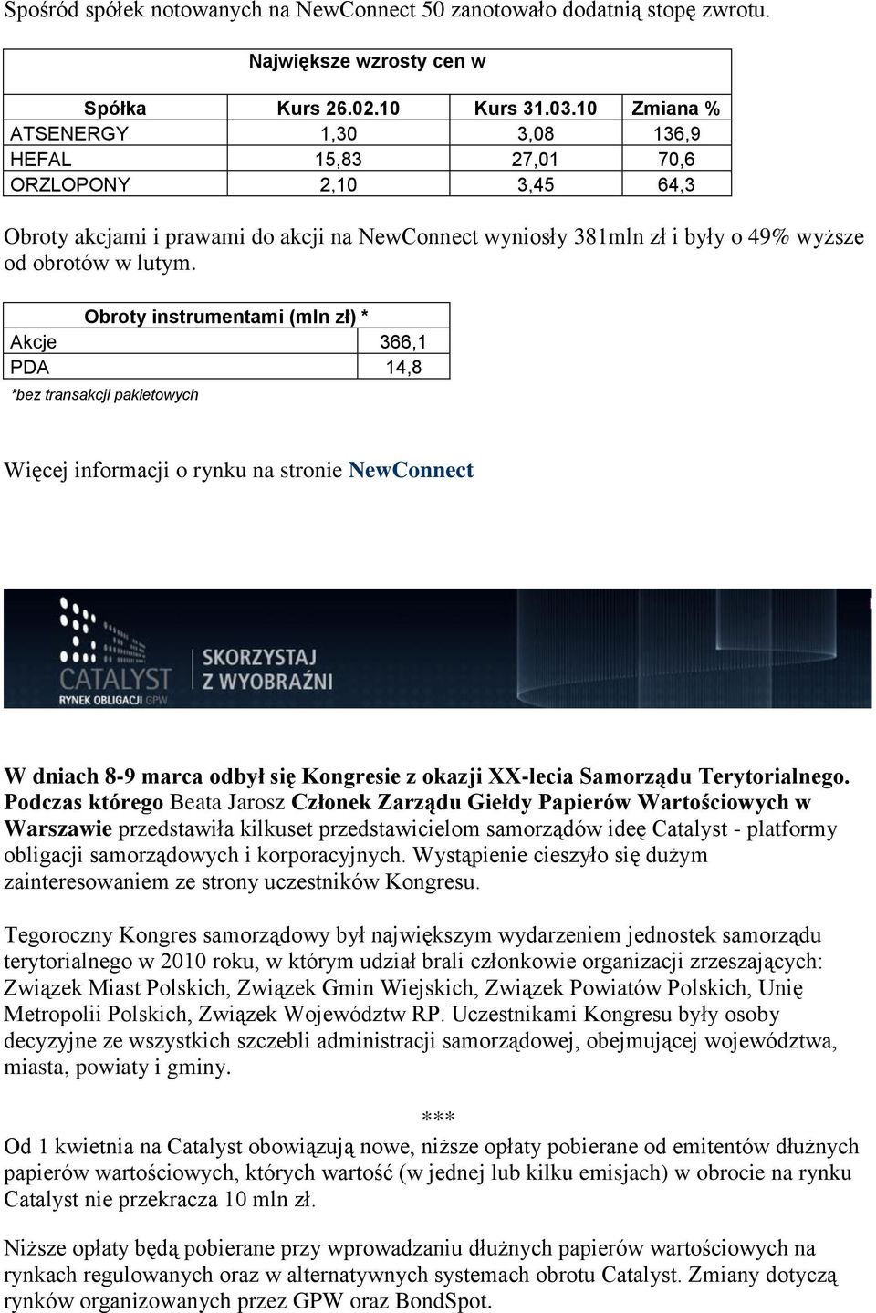 Obroty instrumentami (mln zł) * Akcje 366,1 PDA 14,8 *bez transakcji pakietowych Więcej informacji o rynku na stronie NewConnect W dniach 8-9 marca odbył się Kongresie z okazji XX-lecia Samorządu