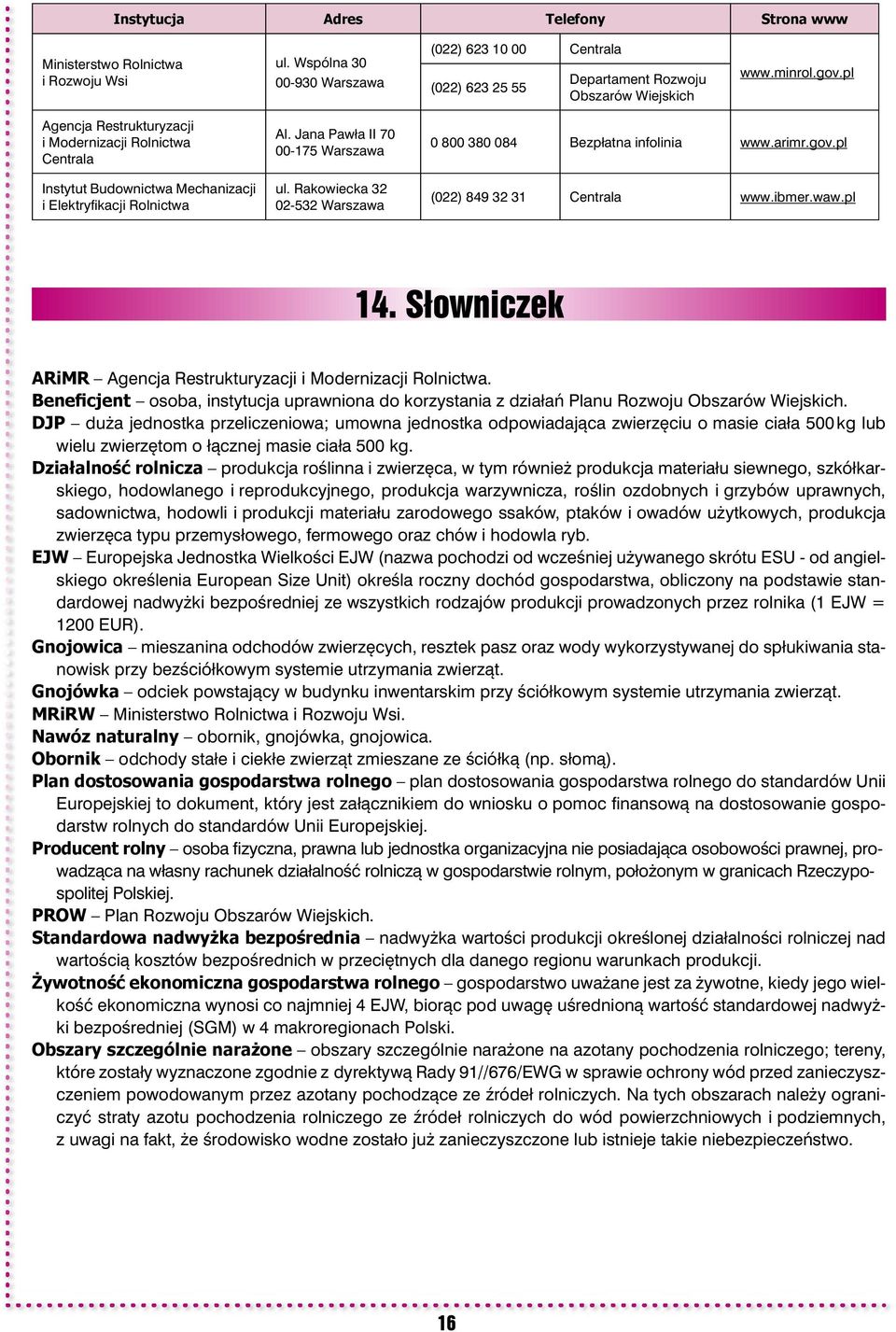 Rakowiecka 32 02-532 Warszawa 0 800 380 084 Bezpłatna infolinia www.arimr.gov.pl (022) 849 32 31 Centrala www.ibmer.waw.pl 14. Słowniczek ARiMR Agencja Restrukturyzacji i Modernizacji Rolnictwa.