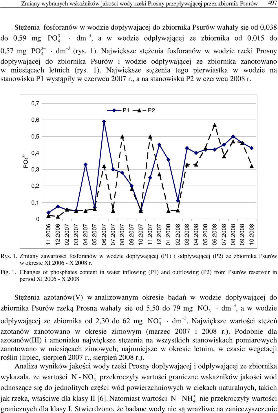 Największe stężenia fosforanów w wodzie rzeki Prosny dopływającej do zbiornika Psurów i wodzie odpływającej ze zbiornika zanotowano w miesiącach letnich (rys. 1).