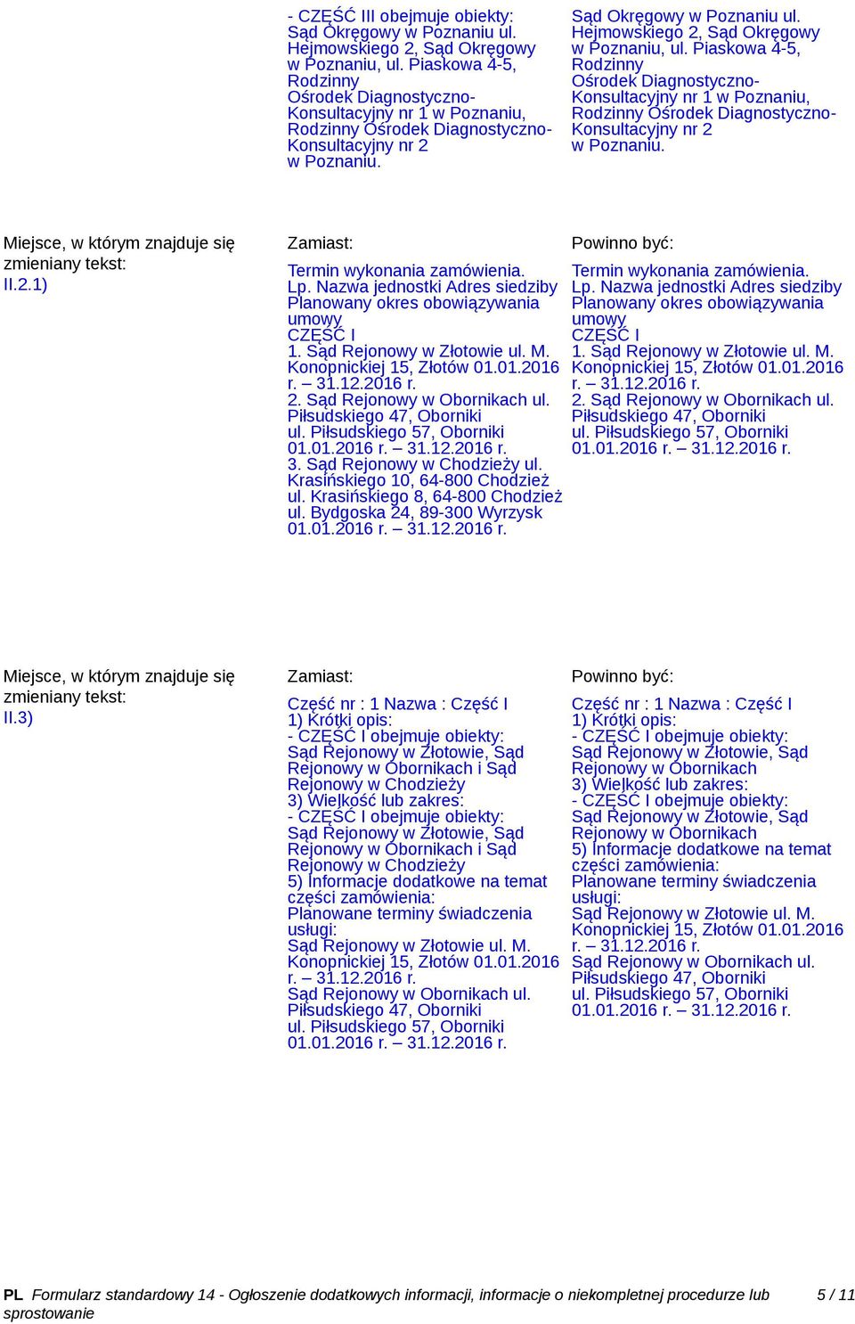 Lp. Nazwa jednostki Adres siedziby Planowany okres obowiązywania umowy CZĘŚĆ I 1. Sąd Rejonowy w Złotowie ul. M. Konopnickiej 15, Złotów 01.01.2016 r. 31.12.2016 r. 2. Sąd Rejonowy w Obornikach ul.