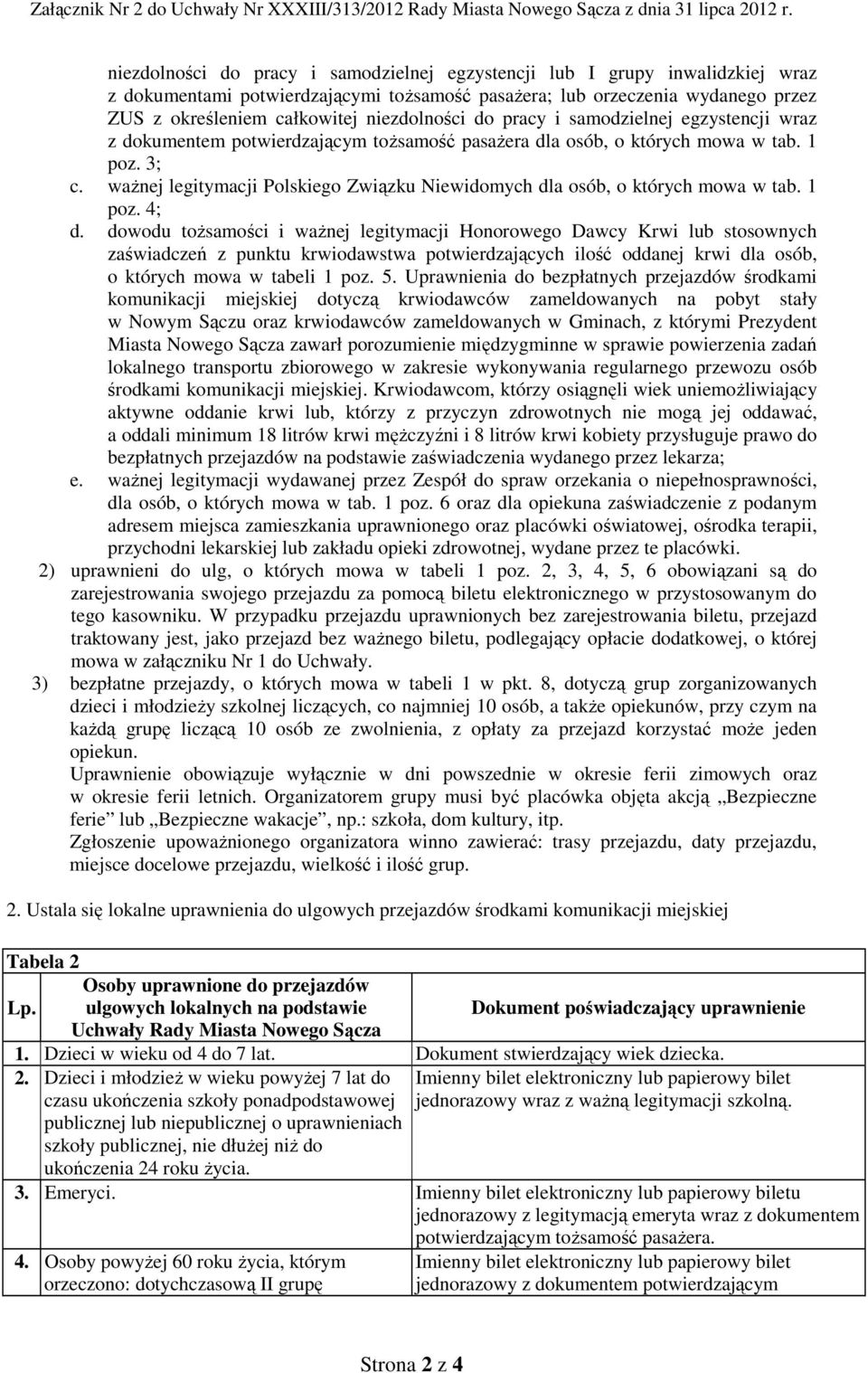 niezdolności do pracy i samodzielnej egzystencji wraz z dokumentem potwierdzającym tożsamość pasażera dla osób, o których mowa w tab. 1 poz. 3; c.