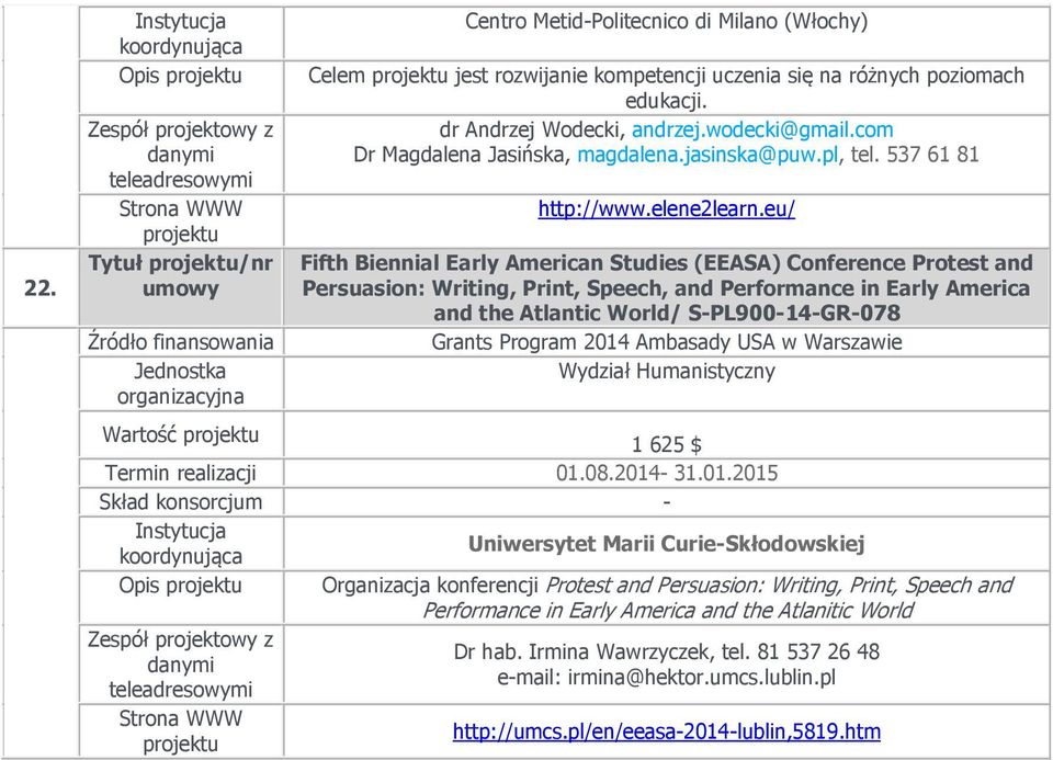 eu/ Fifth Biennial Early American Studies (EEASA) Conference Protest and Persuasion: Writing, Print, Speech, and Performance in Early America and the Atlantic World/ SPL90014GR078 Grants Program 2014