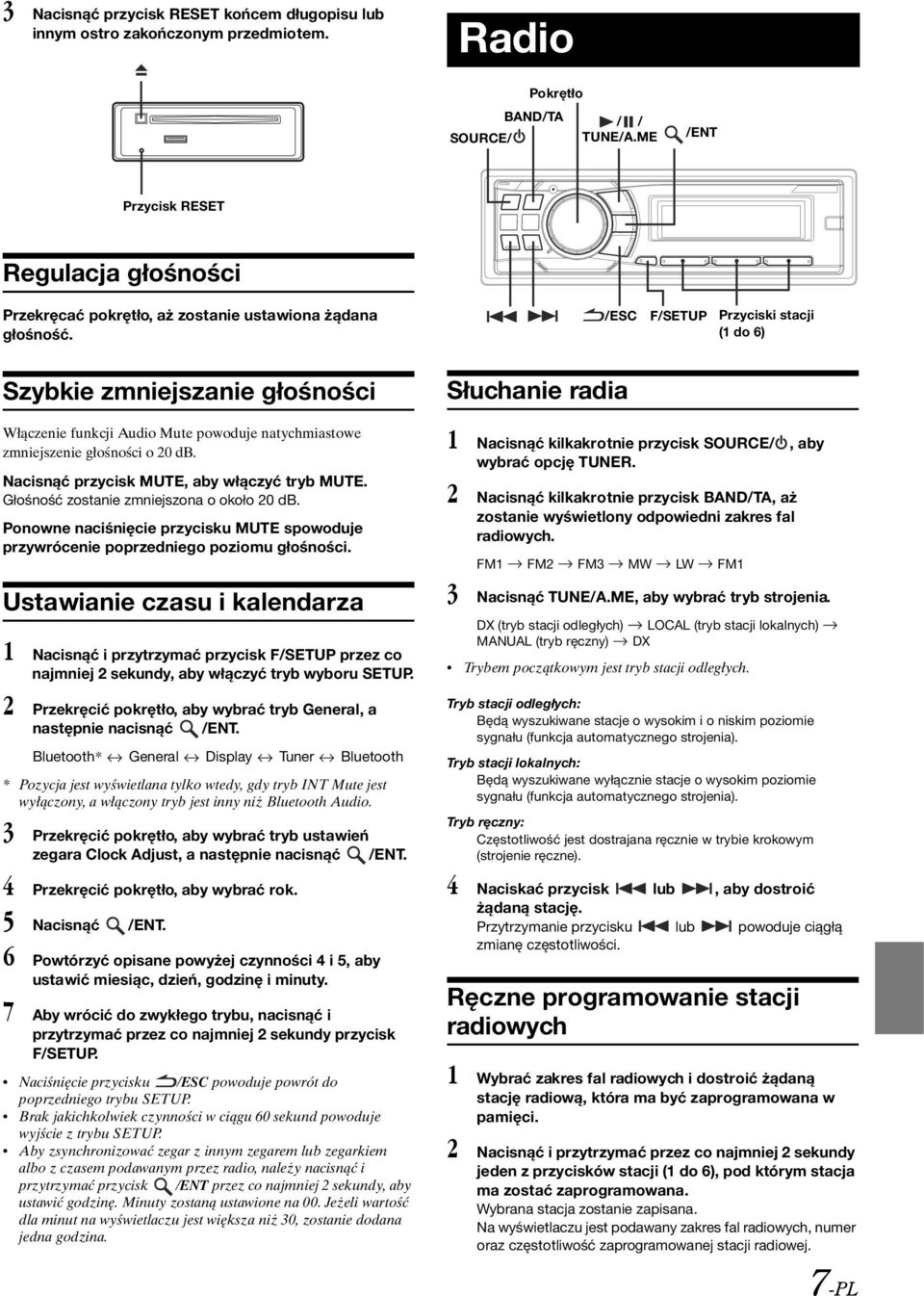 /ESC F/SETUP Przyciski stacji (1 do 6) Szybkie zmniejszanie głośności Słuchanie radia Włączenie funkcji Audio Mute powoduje natychmiastowe zmniejszenie głośności o 20 db.