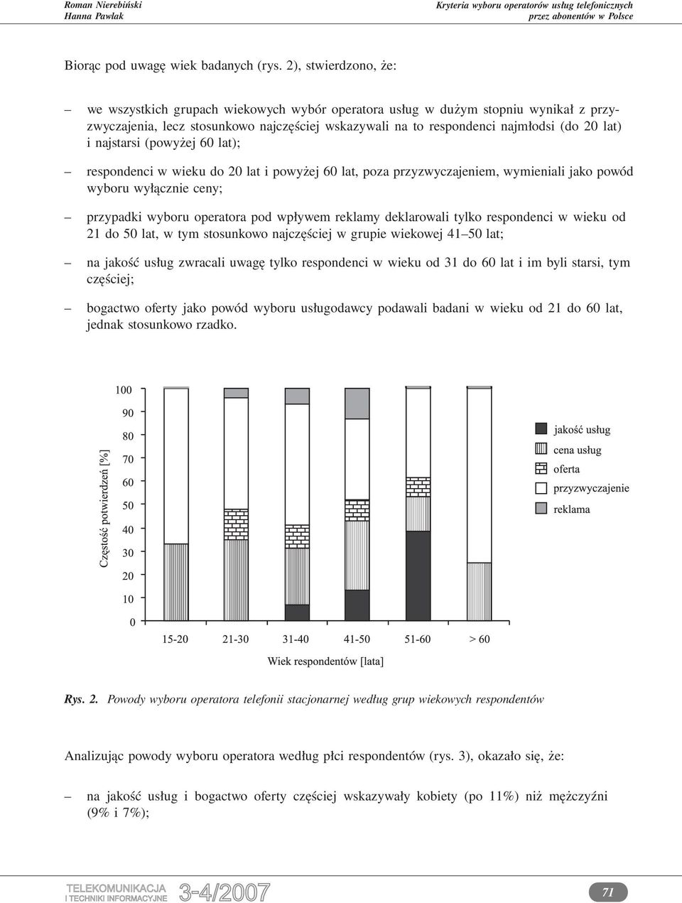 najstarsi (powyżej 60 lat); respondenci w wieku do 20 lat i powyżej 60 lat, poza przyzwyczajeniem, wymieniali jako powód wyboru wyłącznie ceny; przypadki wyboru operatora pod wpływem reklamy