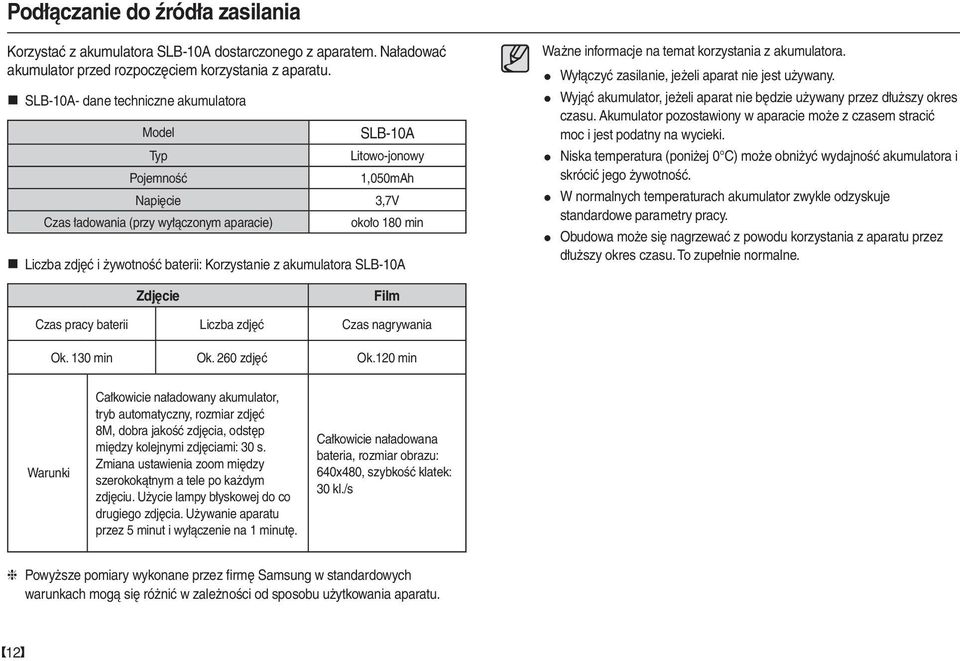 Korzystanie z akumulatora SLB-10A Ważne informacje na temat korzystania z akumulatora. Wyłączyć zasilanie, jeżeli aparat nie jest używany.