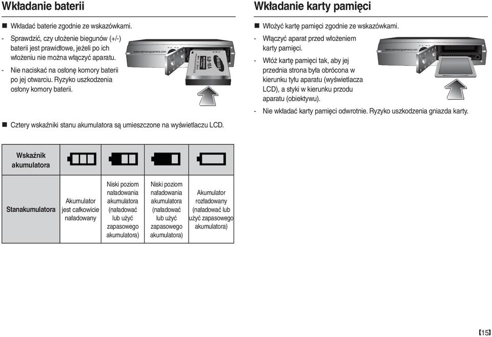 Wkładanie karty pamięci Włożyć kartę pamięci zgodnie ze wskazówkami. - Włączyć aparat przed włożeniem karty pamięci. www.samsungcamera.