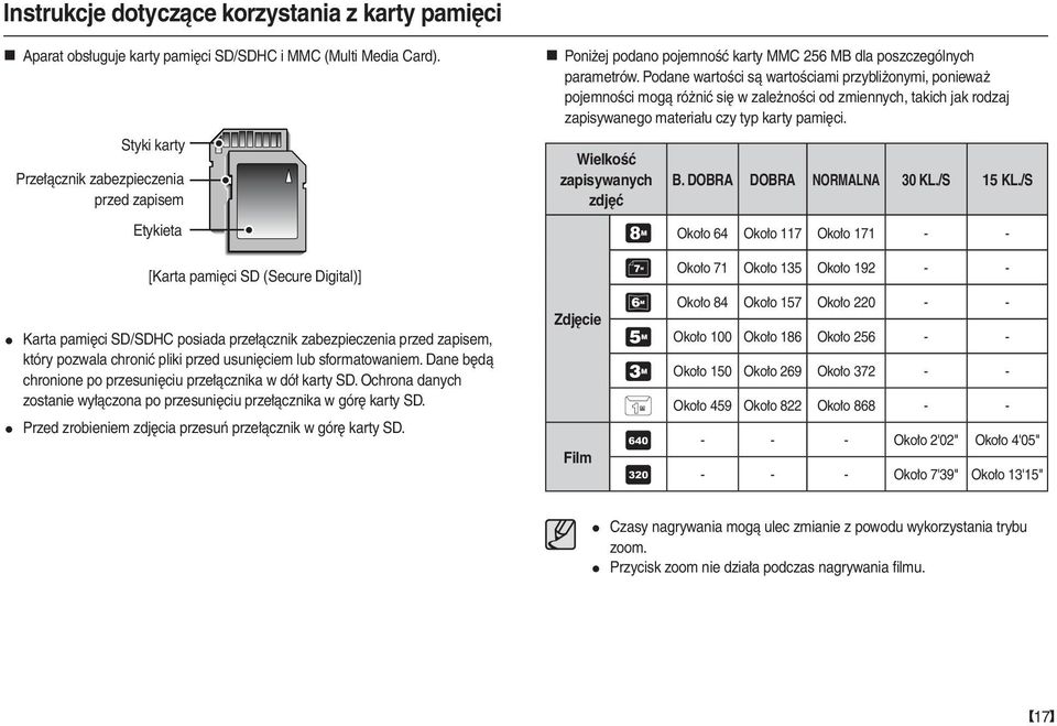 Podane wartości są wartościami przybliżonymi, ponieważ pojemności mogą różnić się w zależności od zmiennych, takich jak rodzaj zapisywanego materiału czy typ karty pamięci.