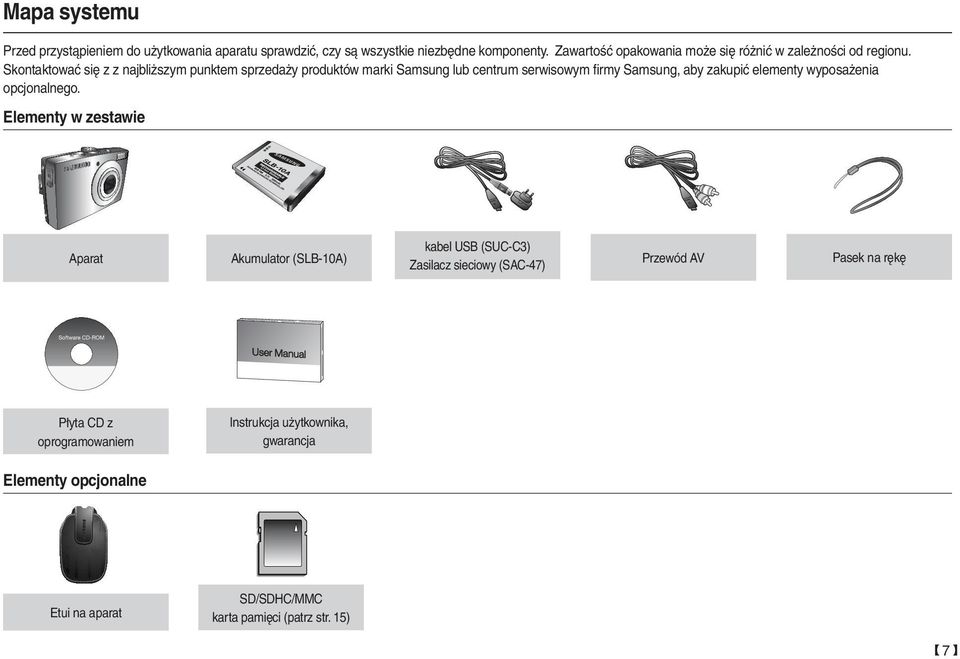 Skontaktować się z z najbliższym punktem sprzedaży produktów marki Samsung lub centrum serwisowym ﬁrmy Samsung, aby zakupić elementy wyposażenia