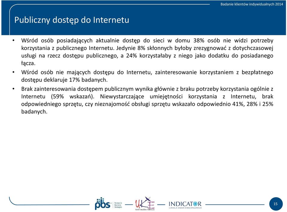 Wśród osób nie mających dostępu do Internetu, zainteresowanie korzystaniem z bezpłatnego dostępu deklaruje 17% badanych.