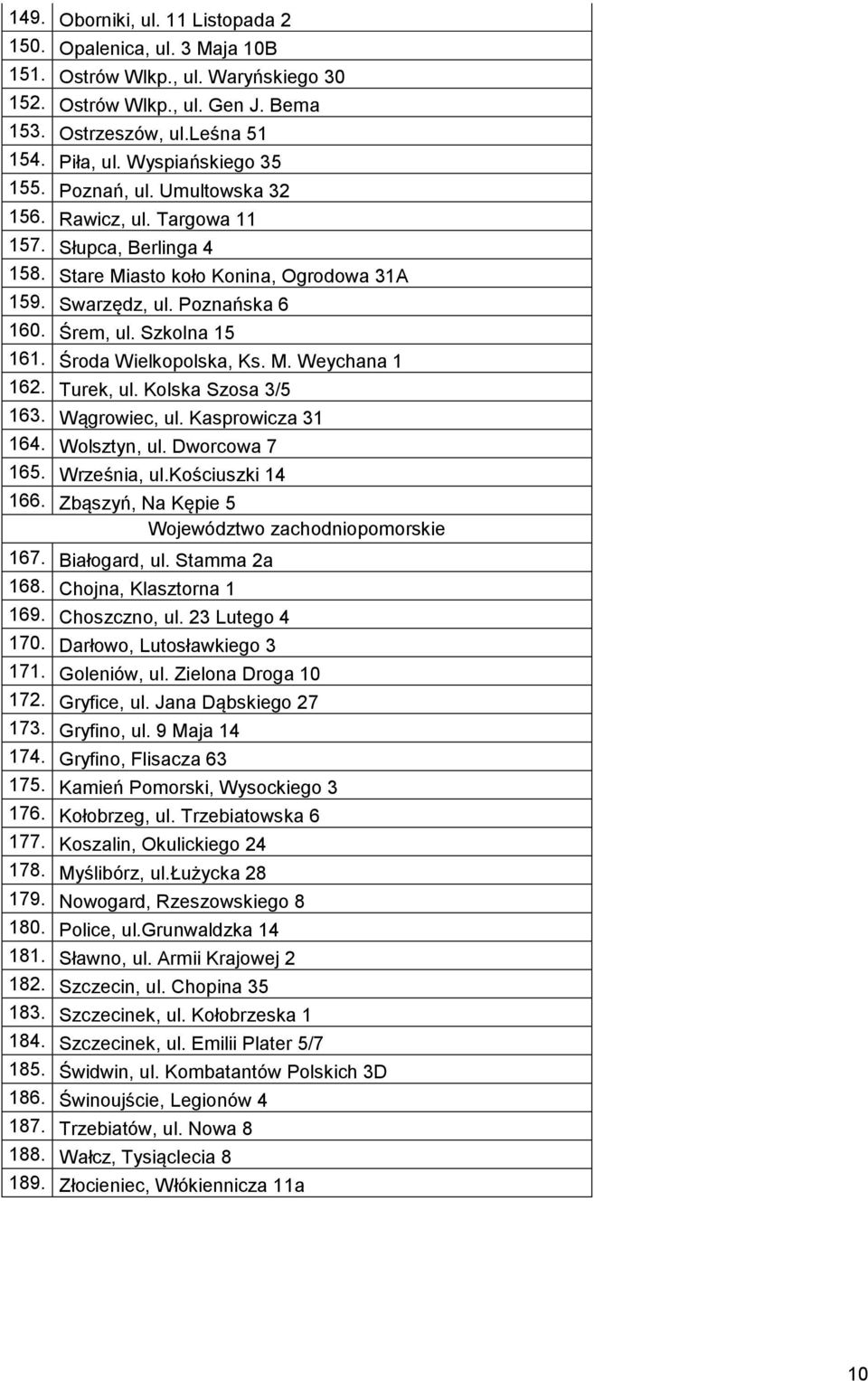 Szkolna 15 161. Środa Wielkopolska, Ks. M. Weychana 1 162. Turek, ul. Kolska Szosa 3/5 163. Wągrowiec, ul. Kasprowicza 31 164. Wolsztyn, ul. Dworcowa 7 165. Września, ul.kościuszki 14 166.