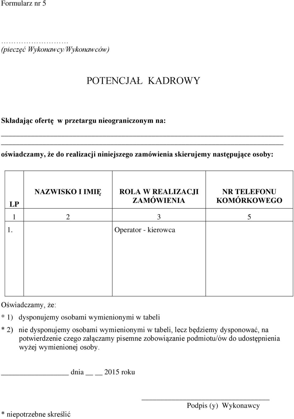 Operator - kierowca Oświadczamy, że: * 1) dysponujemy osobami wymienionymi w tabeli * 2) nie dysponujemy osobami wymienionymi w tabeli, lecz będziemy