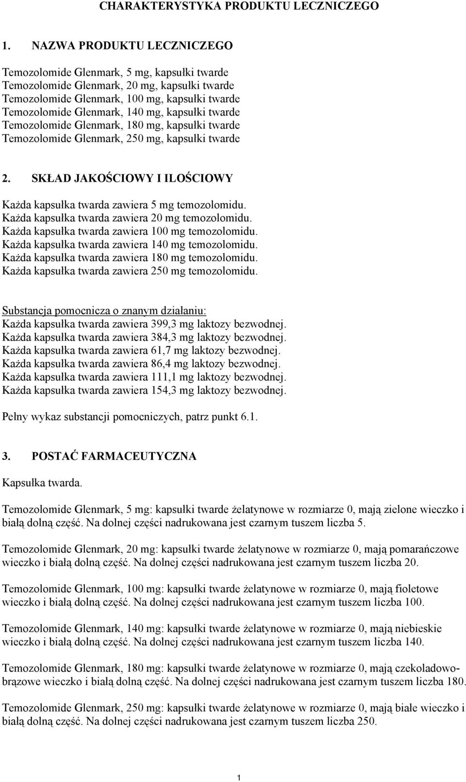 kapsułki twarde Temozolomide Glenmark, 180 mg, kapsułki twarde Temozolomide Glenmark, 250 mg, kapsułki twarde 2. SKŁAD JAKOŚCIOWY I ILOŚCIOWY Każda kapsułka twarda zawiera 5 mg temozolomidu.