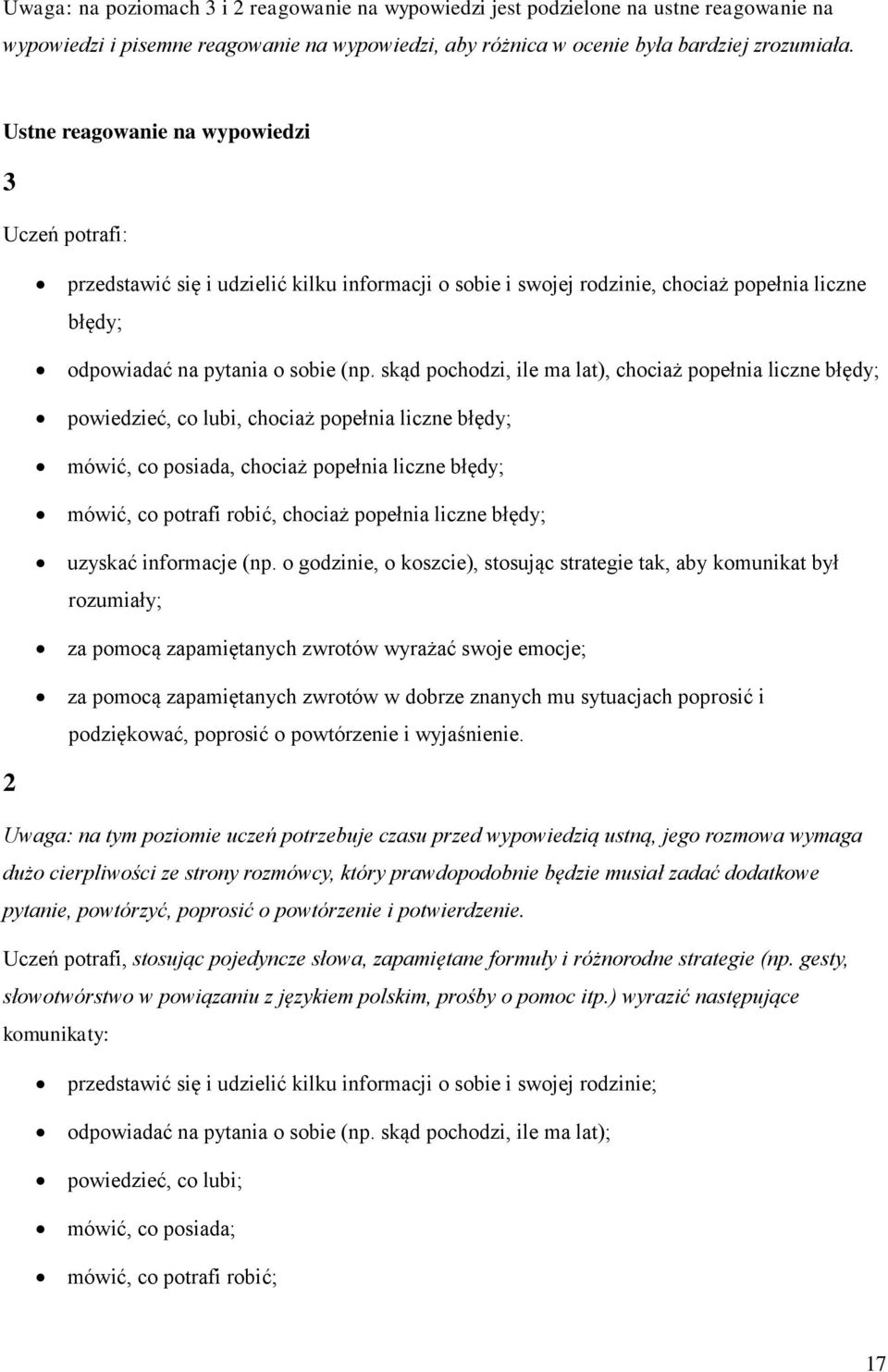 skąd pochodzi, ile ma lat), chociaż popełnia liczne błędy; powiedzieć, co lubi, chociaż popełnia liczne błędy; mówić, co posiada, chociaż popełnia liczne błędy; mówić, co potrafi robić, chociaż