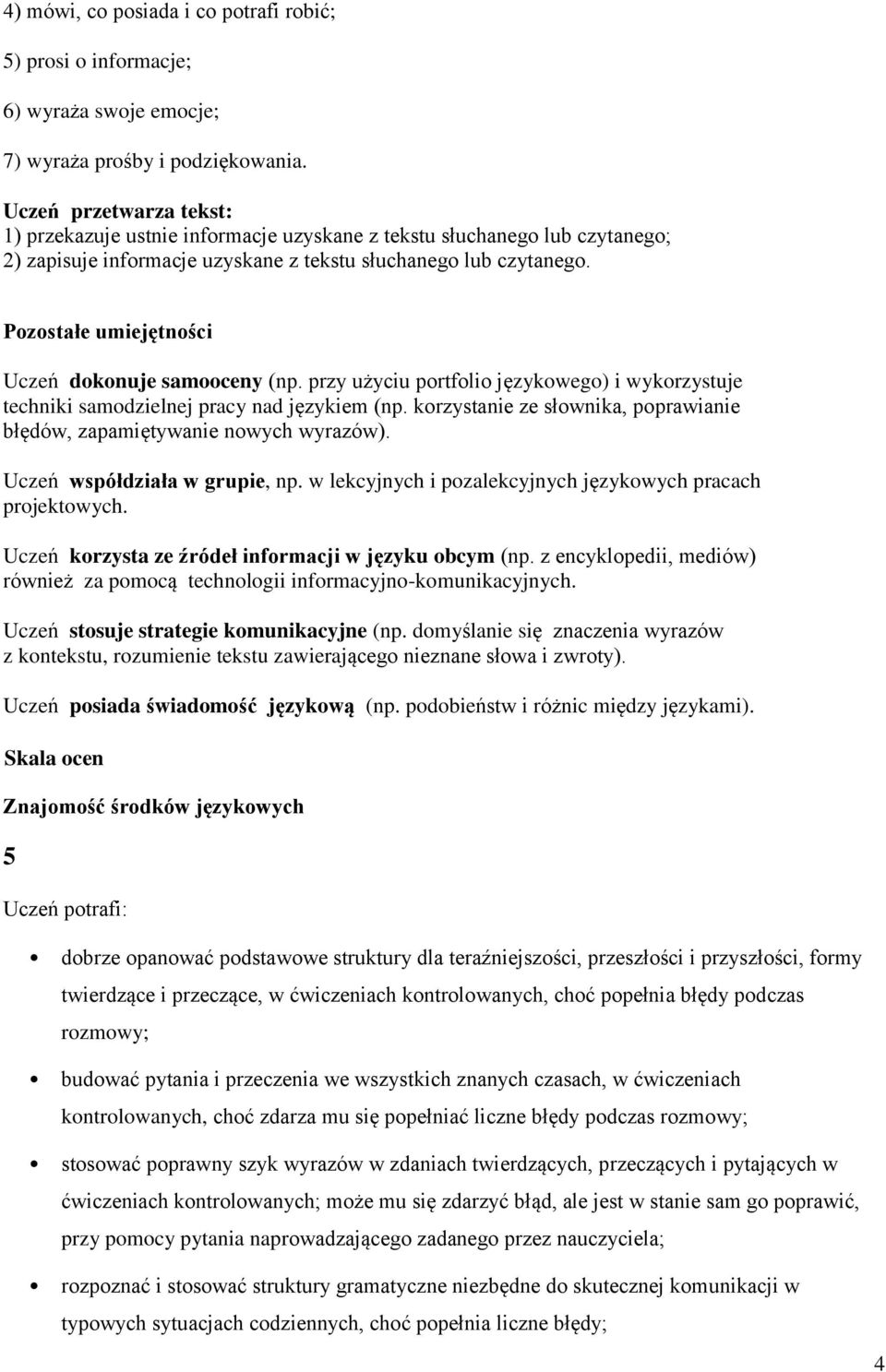 Pozostałe umiejętności Uczeń dokonuje samooceny (np. przy użyciu portfolio językowego) i wykorzystuje techniki samodzielnej pracy nad językiem (np.