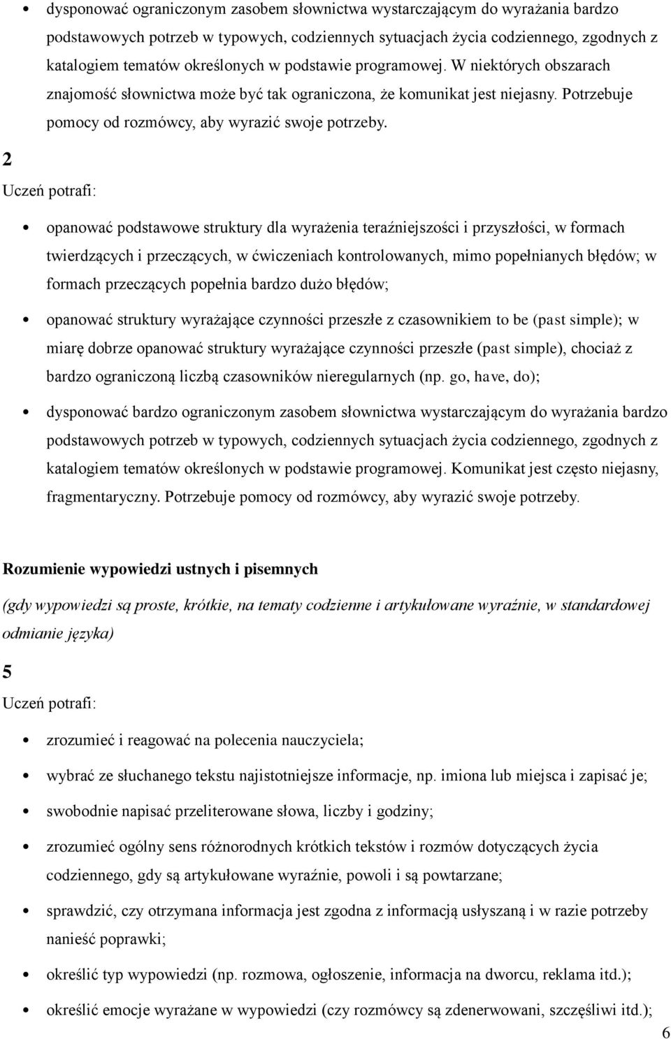 opanować podstawowe struktury dla wyrażenia teraźniejszości i przyszłości, w formach twierdzących i przeczących, w ćwiczeniach kontrolowanych, mimo popełnianych błędów; w formach przeczących popełnia