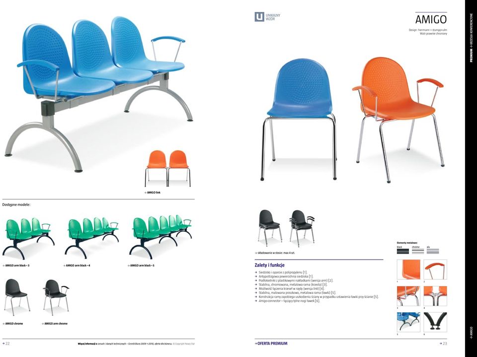 Stabilna, chromowana, metalowa rama (krzesła) [3]. Możliwość łączenia krzeseł w rzędy (wersja link) [4]. Stabilna, malowana proszkowo, metalowa rama (ławki) [5].