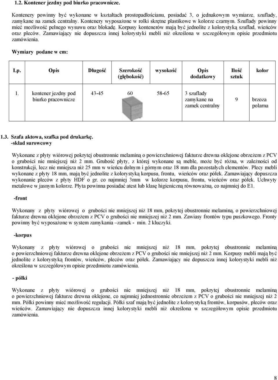 Korpusy kontenerów mają być jednolite z kolorystyką szuflad, wieńców oraz pleców. Zamawiający nie dopuszcza innej kolorystyki mebli niż określona w szczegółowym opisie przedmiotu zamówienia.