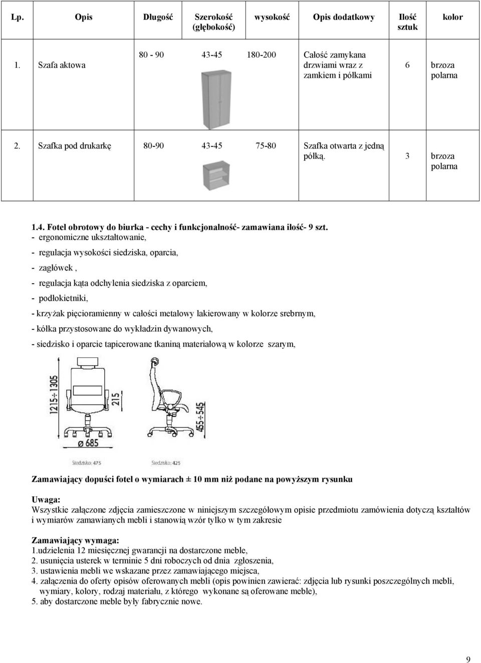 - ergonomiczne ukształtowanie, - regulacja wysokości siedziska, oparcia, - zagłówek, - regulacja kąta odchylenia siedziska z oparciem, - podłokietniki, - krzyżak pięcioramienny w całości metalowy