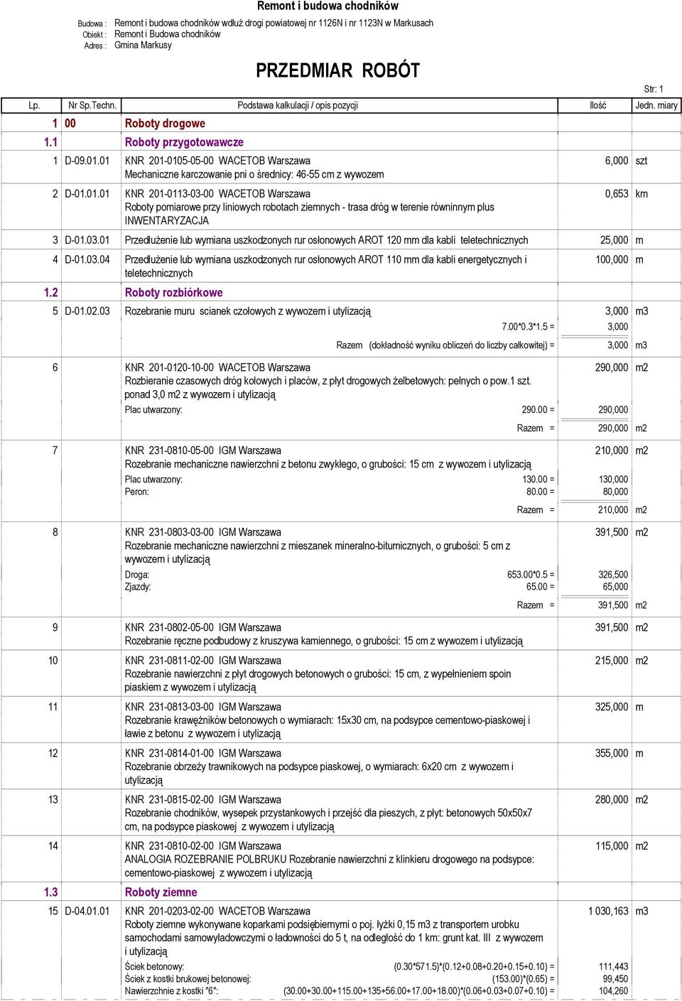 03.01 Przedłużenie lub wymiana uszkodzonych rur osłonowych AROT 120 mm dla kabli teletechnicznych 25,000 m 4 D-01.03.04 Przedłużenie lub wymiana uszkodzonych rur osłonowych AROT 110 mm dla kabli energetycznych i 100,000 m teletechnicznych 1.