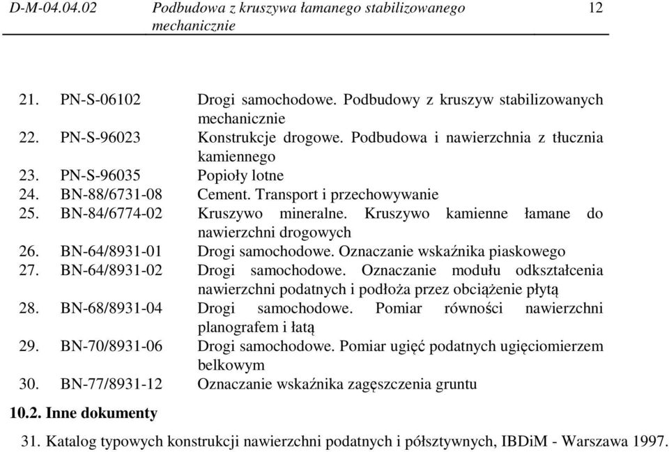 Oznaczanie wskaźnika piaskowego 27. BN-64/8931-02 Drogi samochodowe. Oznaczanie modułu odkształcenia nawierzchni podatnych i podłoża przez obciążenie płytą 28. BN-68/8931-04 Drogi samochodowe.