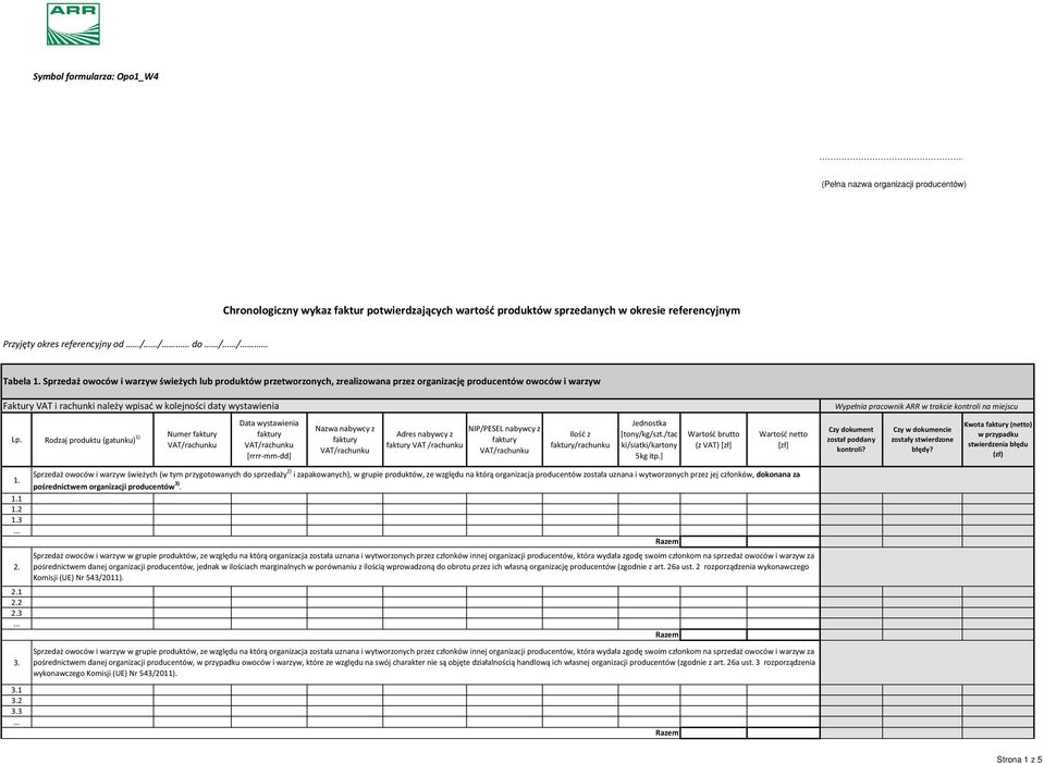 Sprzedaż owoców i warzyw świeżych lub produktów przetworzonych, zrealizowana przez organizację producentów owoców i warzyw Faktury VAT i rachunki należy wpisać w kolejności daty wystawienia Wypełnia