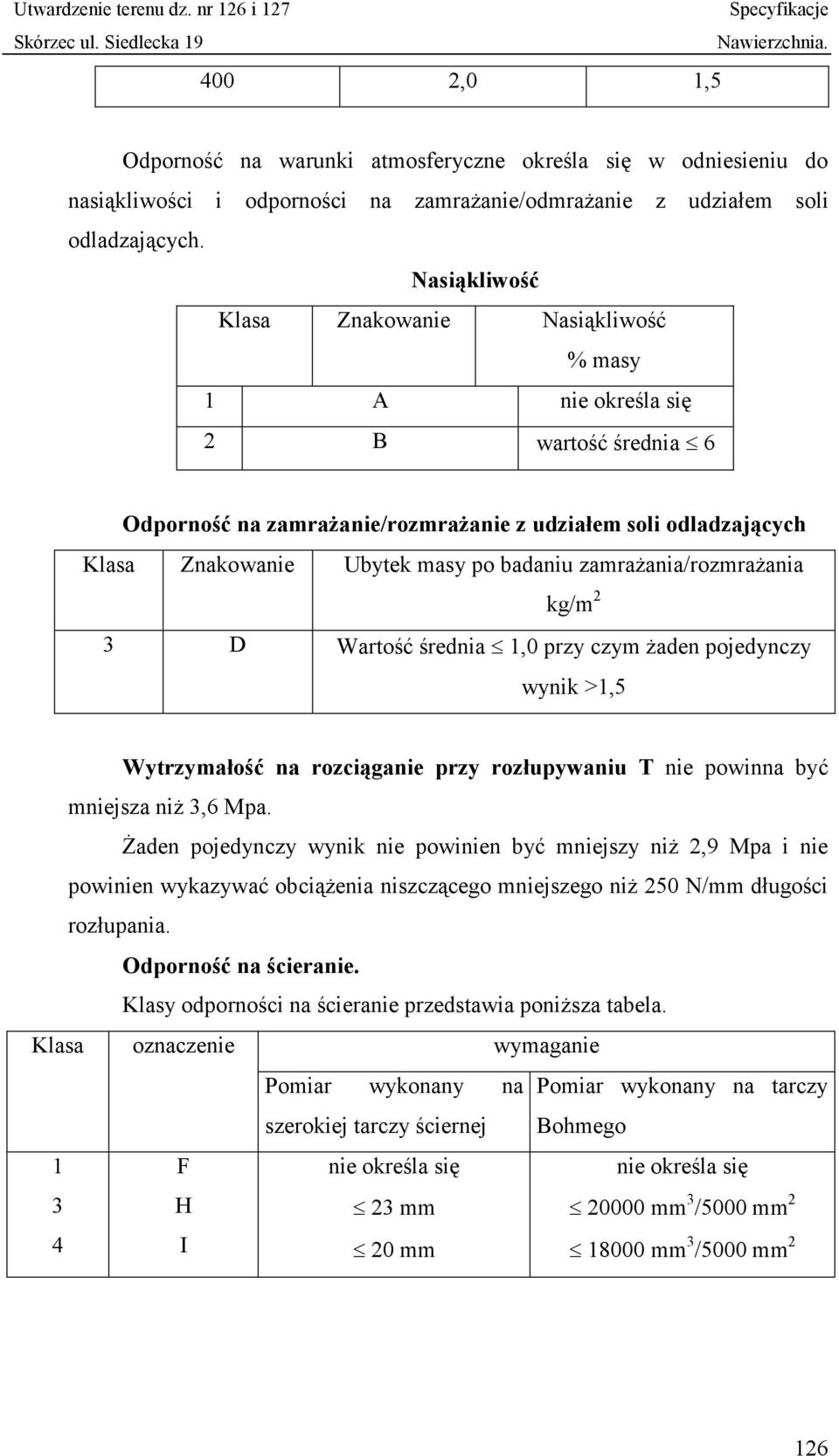 zamrażania/rozmrażania kg/m 2 3 D Wartość średnia 1,0 przy czym żaden pojedynczy wynik >1,5 Wytrzymałość na rozciąganie przy rozłupywaniu T nie powinna być mniejsza niż 3,6 Mpa.