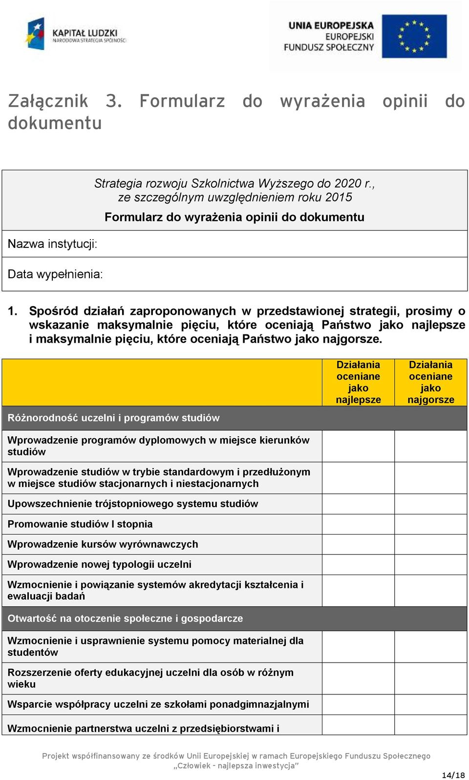 Spośród działań zaproponowanych w przedstawionej strategii, prosimy o wskazanie maksymalnie pięciu, które oceniają Państwo jako najlepsze i maksymalnie pięciu, które oceniają Państwo jako najgorsze.